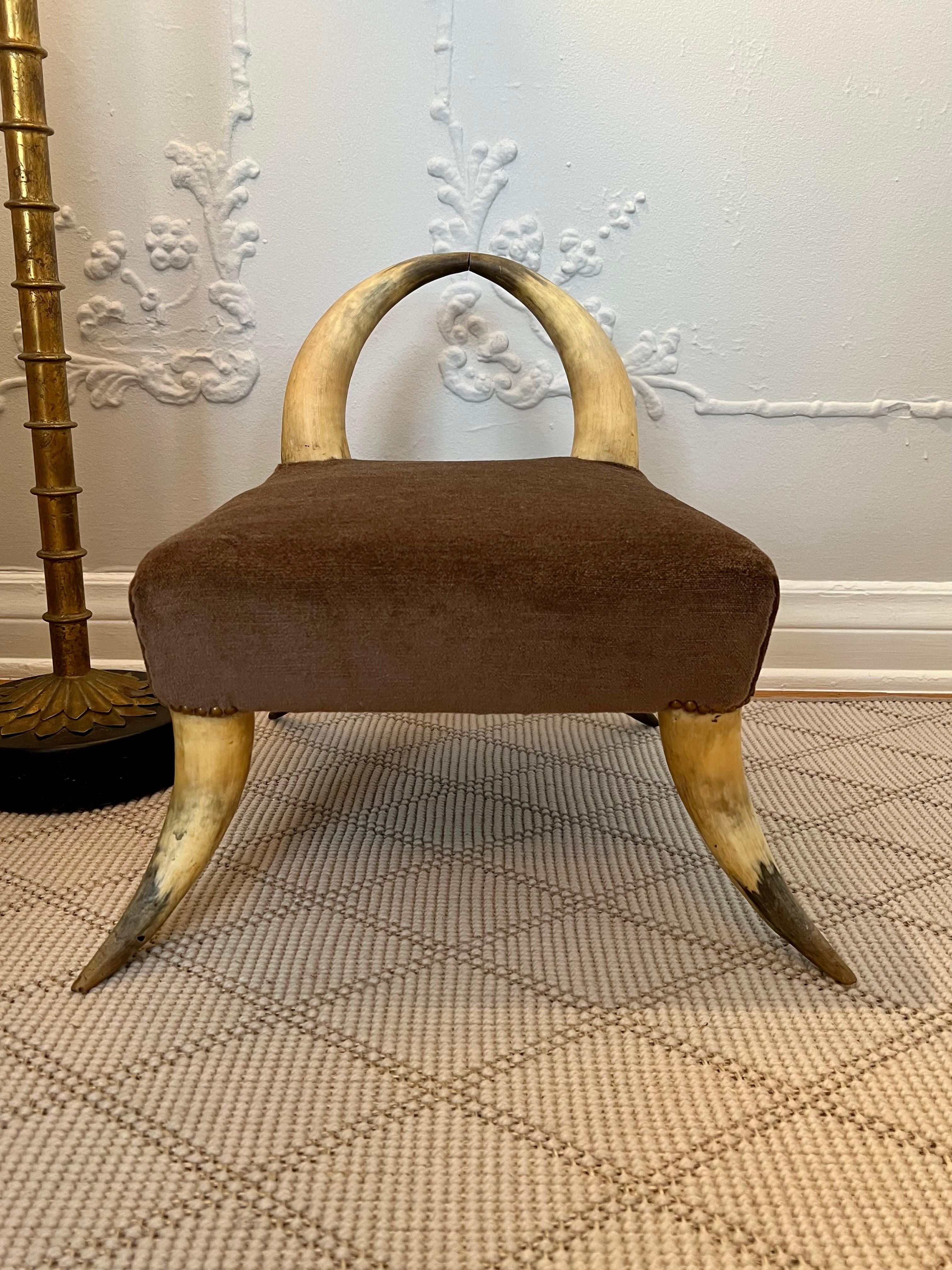 20th Century Ralph Lauren Style Horn Bench in Mohair with Bronze Nail Details