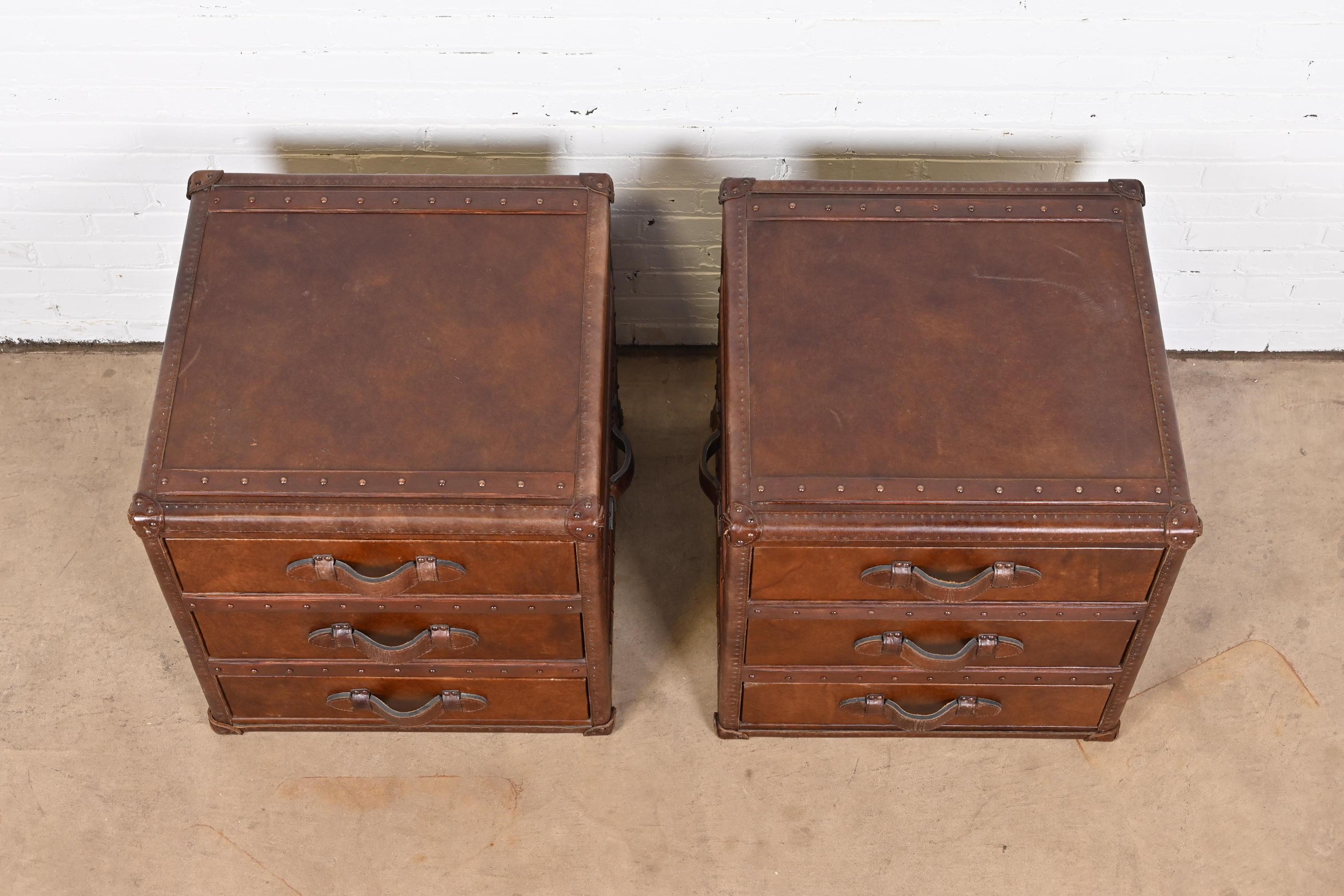 Ralph Lauren Style Leather Wrapped Trunk Form Bedside Chests, Pair 3