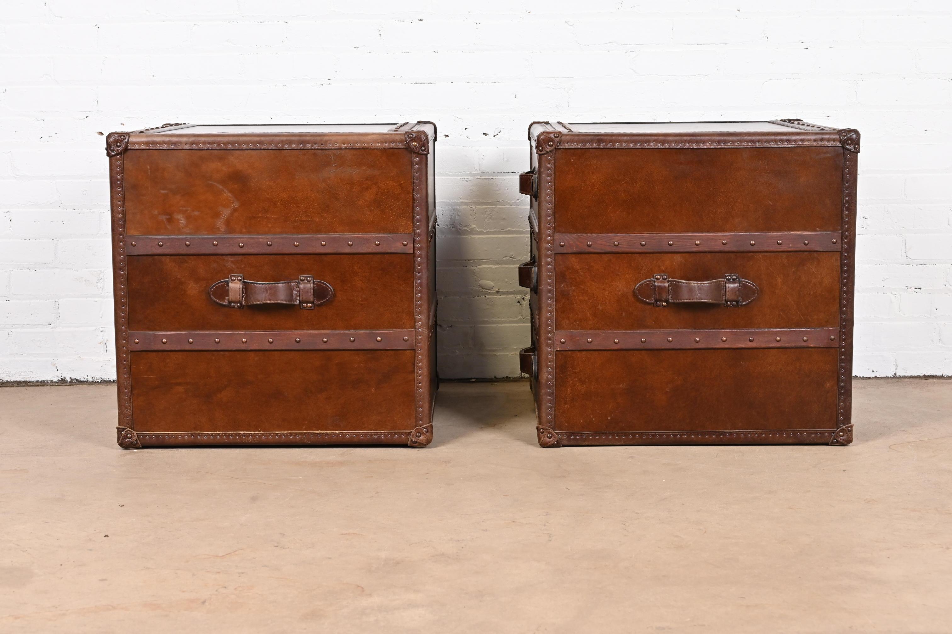 Ralph Lauren Style Leather Wrapped Trunk Form Bedside Chests, Pair 6