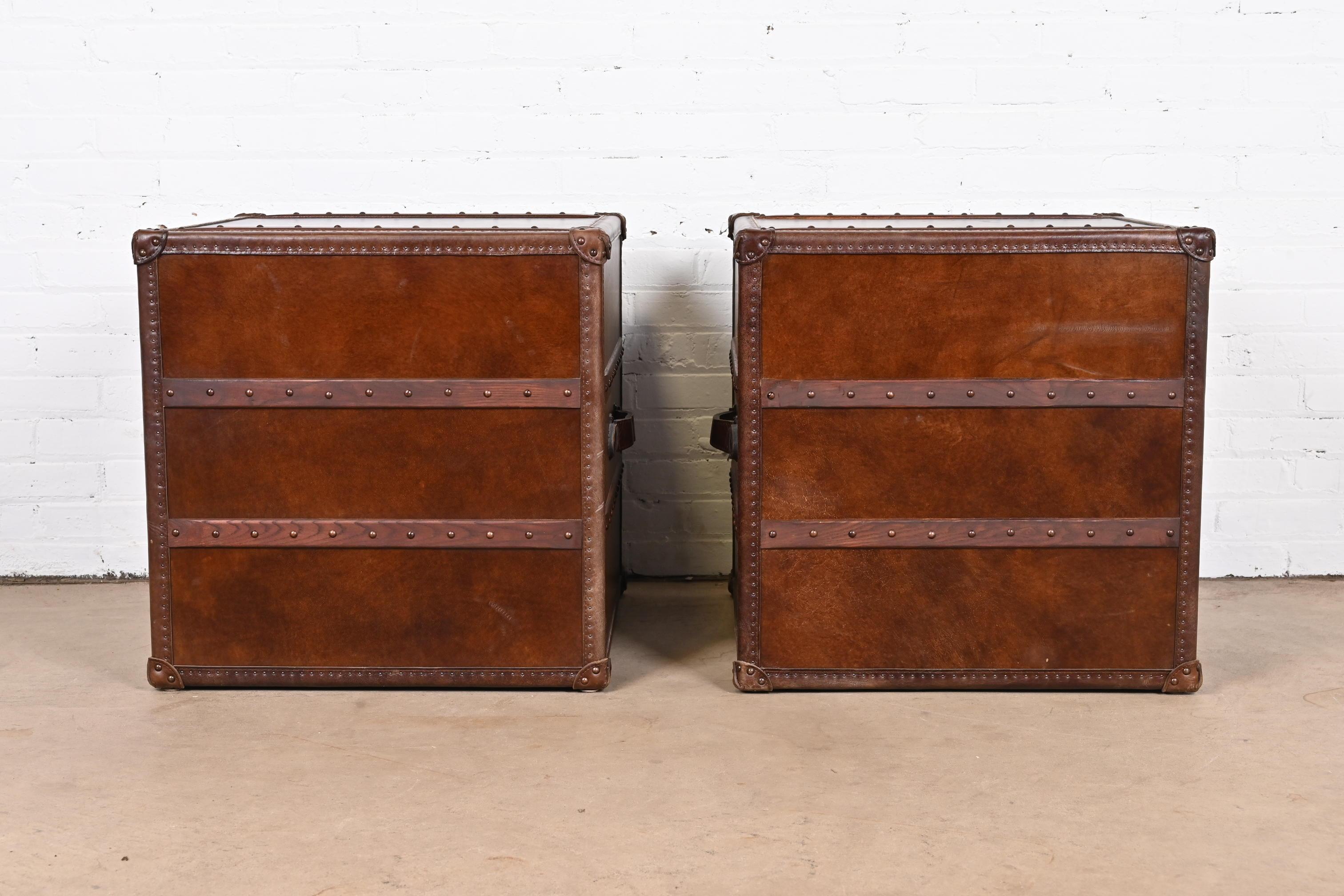 Ralph Lauren Style Leather Wrapped Trunk Form Bedside Chests, Pair 7