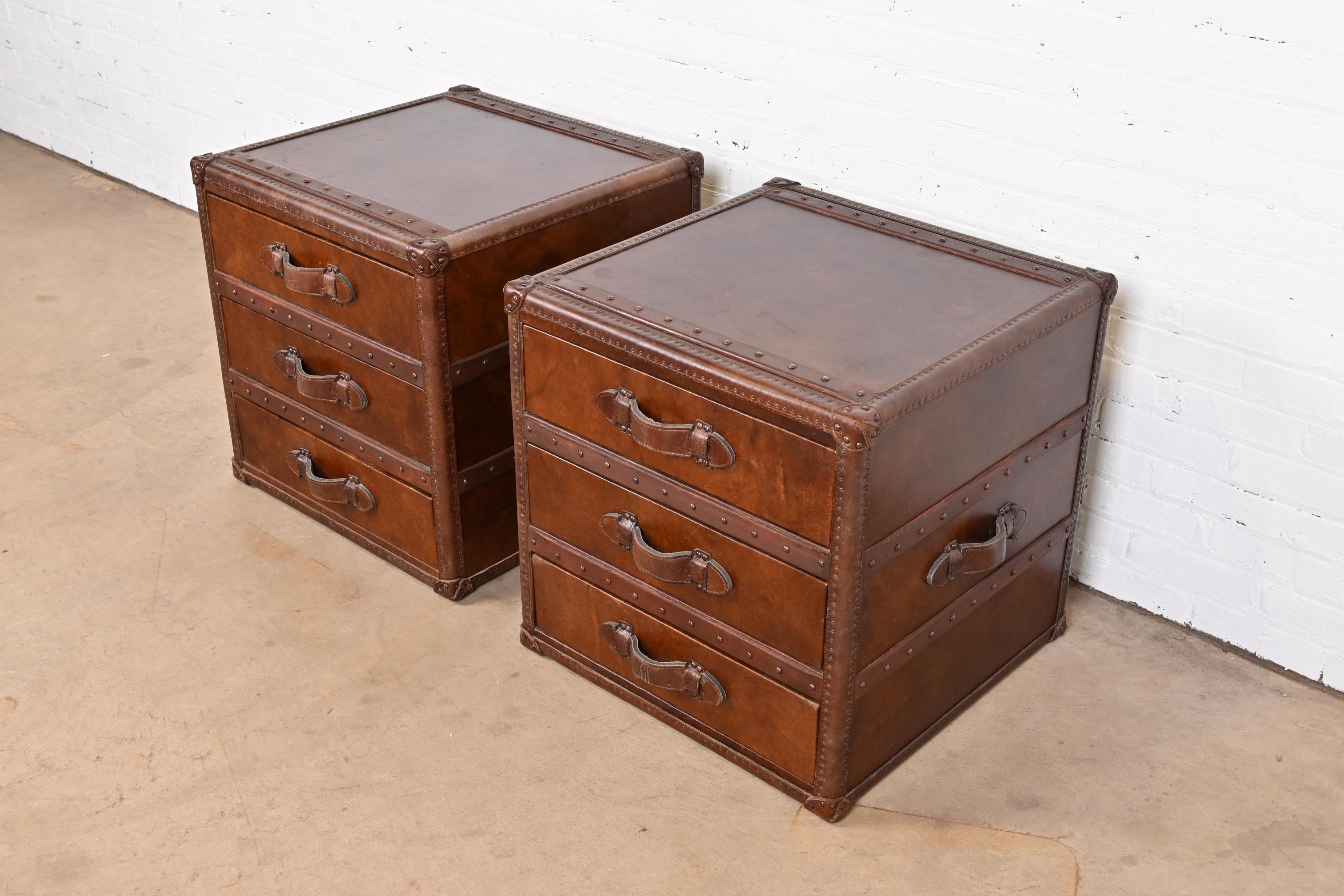 20th Century Ralph Lauren Style Leather Wrapped Trunk Form Bedside Chests, Pair