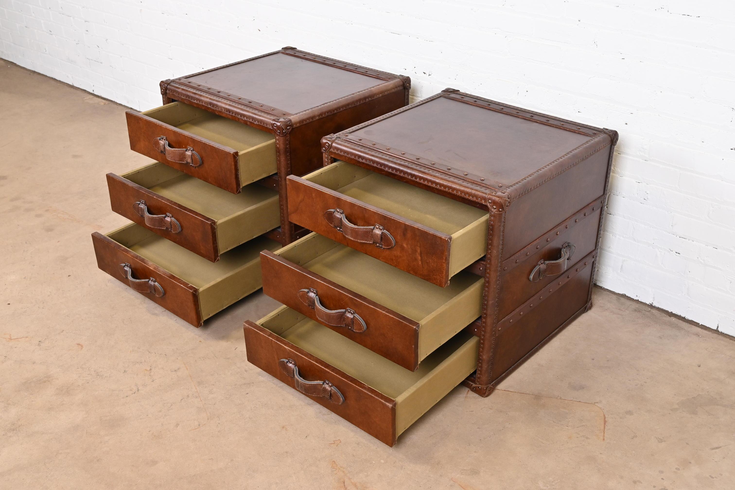 Brass Ralph Lauren Style Leather Wrapped Trunk Form Bedside Chests, Pair