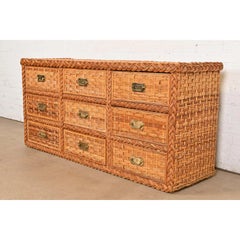 Ralph Lauren Style Organic Modern Woven Rattan Triple Dresser or Credenza