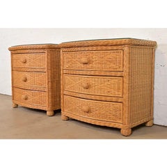 Ralph Lauren Style Organic Modern Woven Wicker Rattan Bedside Chests, Pair