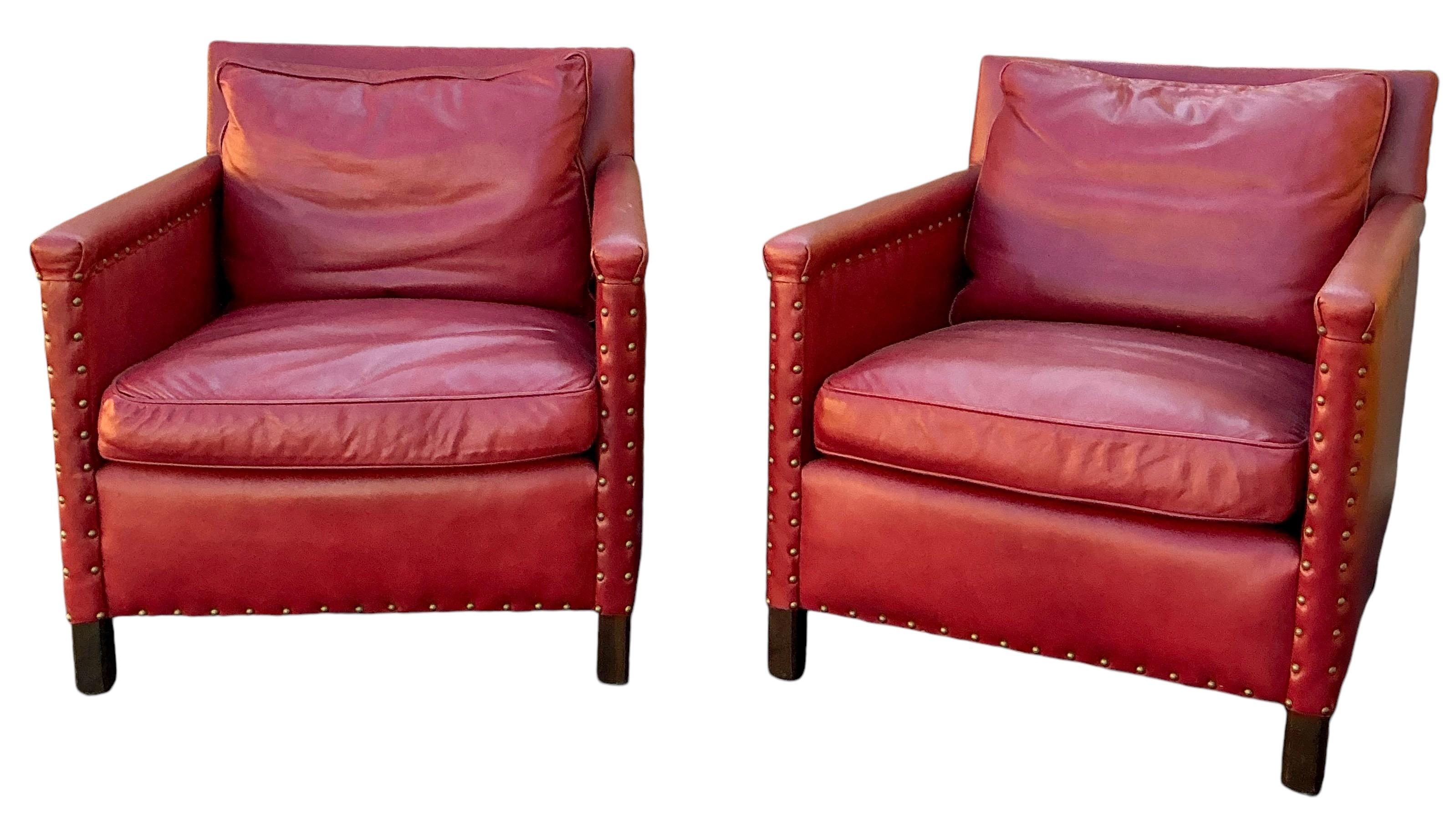 American Classical Ralph Lauren Style Red Leather & Brass Club Chairs Lee Industries- Pair
