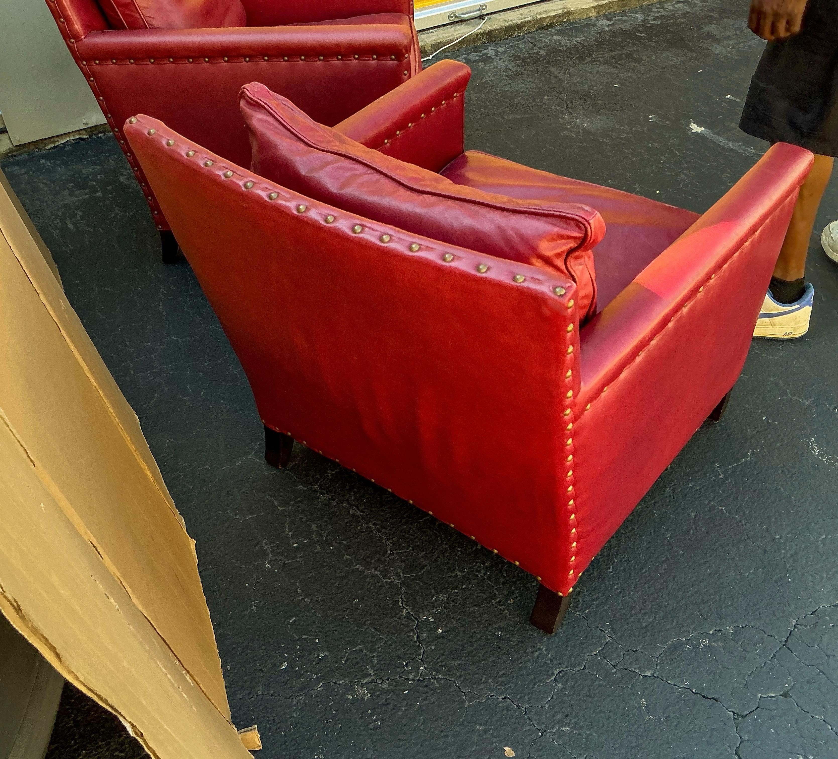 American Ralph Lauren Style Red Leather & Brass Club Chairs Lee Industries- Pair