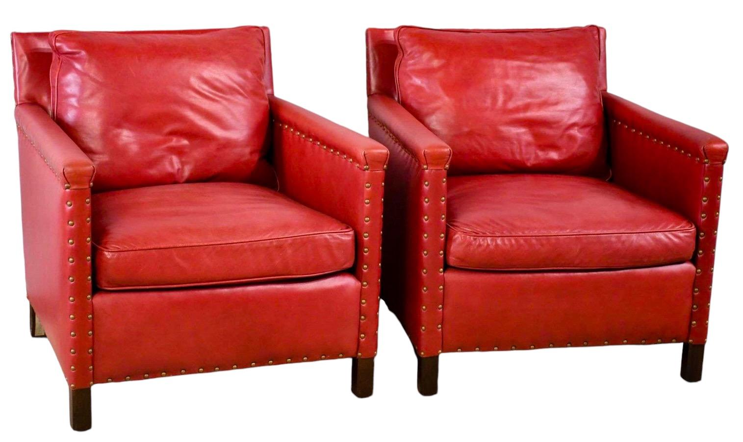 Ralph Lauren Style Red Leather & Brass Club Chairs Lee Industries- Pair In Good Condition In Kennesaw, GA