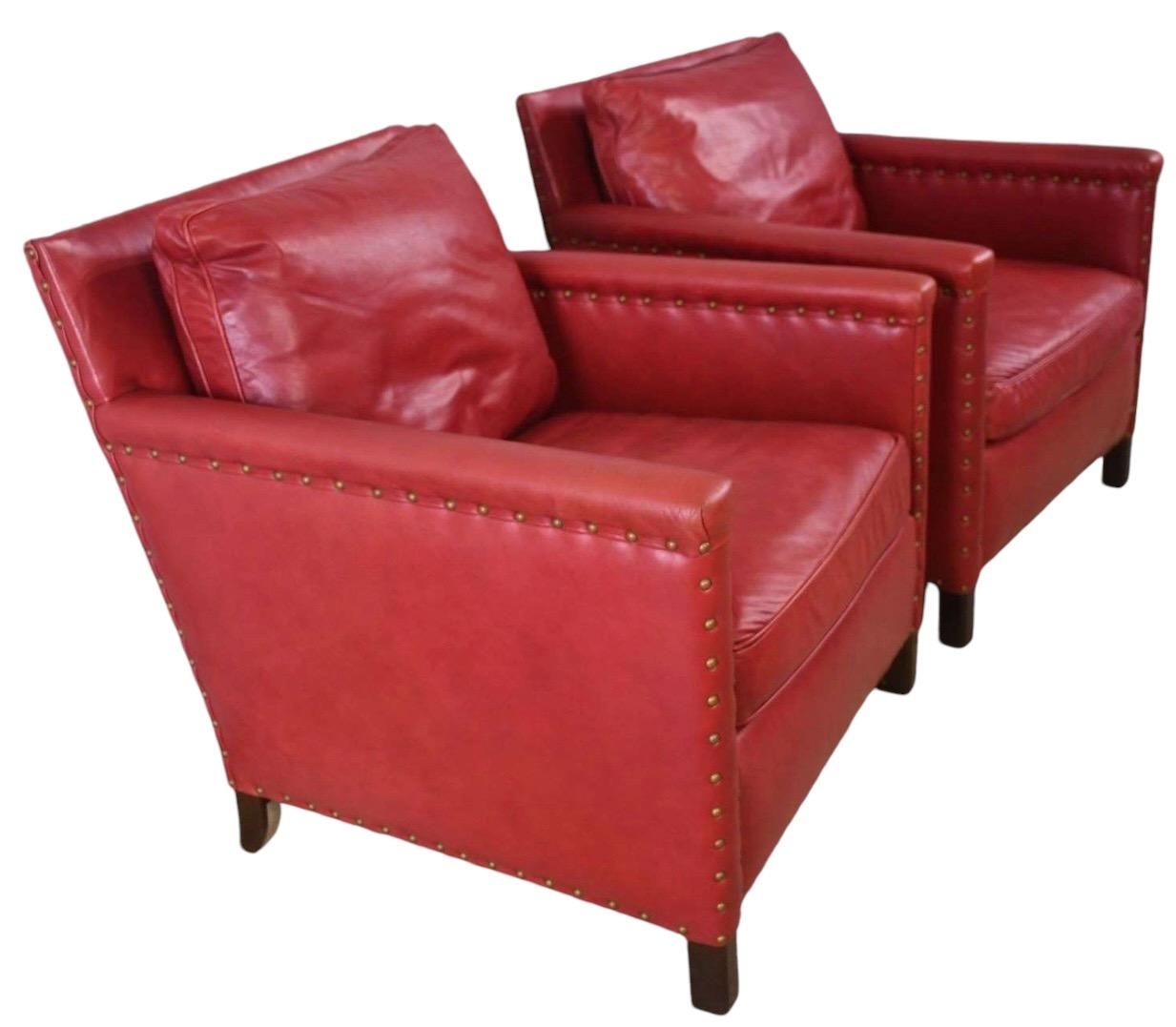Contemporary Ralph Lauren Style Red Leather & Brass Club Chairs Lee Industries- Pair