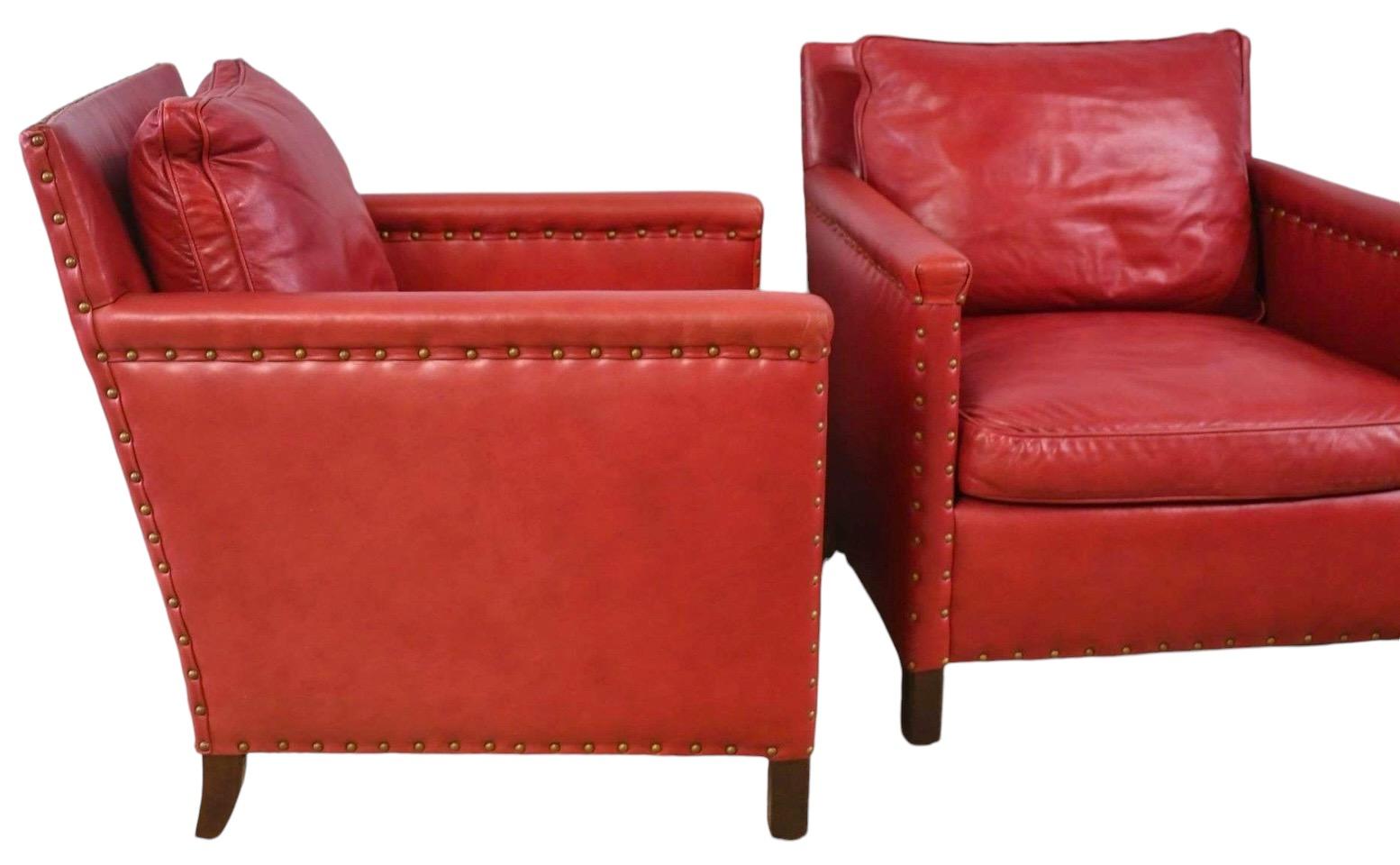 Ralph Lauren Style Red Leather & Brass Club Chairs Lee Industries- Pair 1