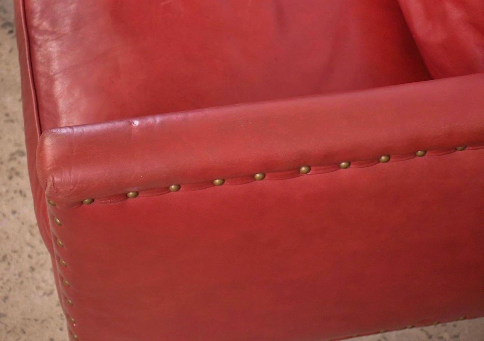 Ralph Lauren Style Red Leather & Brass Club Chairs Lee Industries- Pair 2