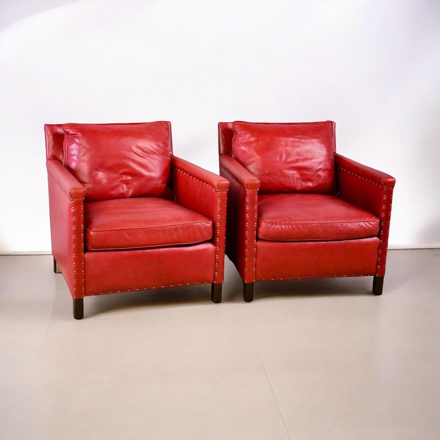 Ralph Lauren Style Red Leather & Brass Club Chairs Lee Industries- Pair 3