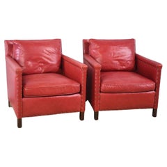 Ralph Lauren Style Red Leather & Brass Club Chairs Lee Industries- Pair