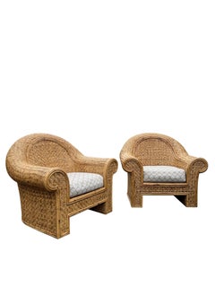 Ralph Lauren Style Woven Rattan Wicker Chairs in Coastal Boho Chic Style a Pair