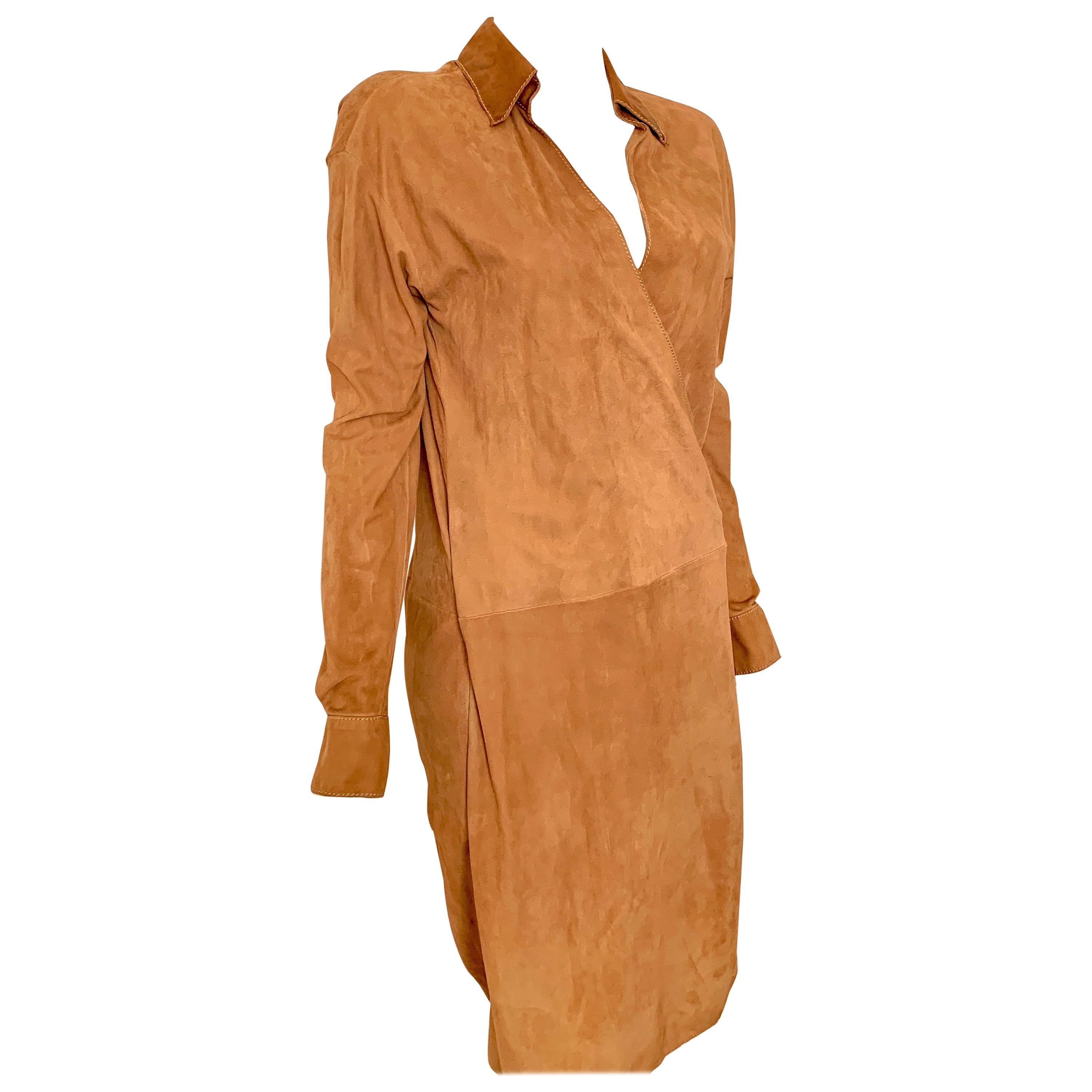 Ralph Lauren Suede Tan Wrap Dress Size 6 For Sale