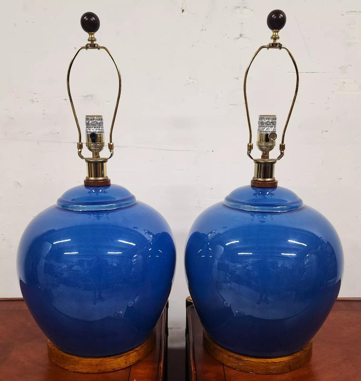 Ralph Lauren Table Lamps Ceramic Blue Pair In Good Condition In Lake Worth, FL
