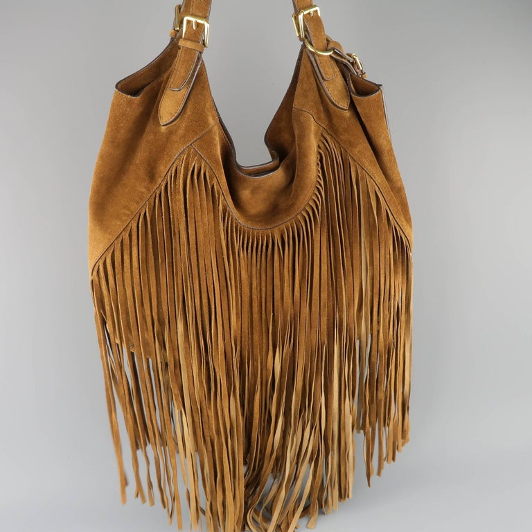 RALPH LAUREN Tan Suede Long Fringe Trim Hobo Handbag at 1stDibs | ralph  lauren fringe bag, ralph lauren equestrian flatware