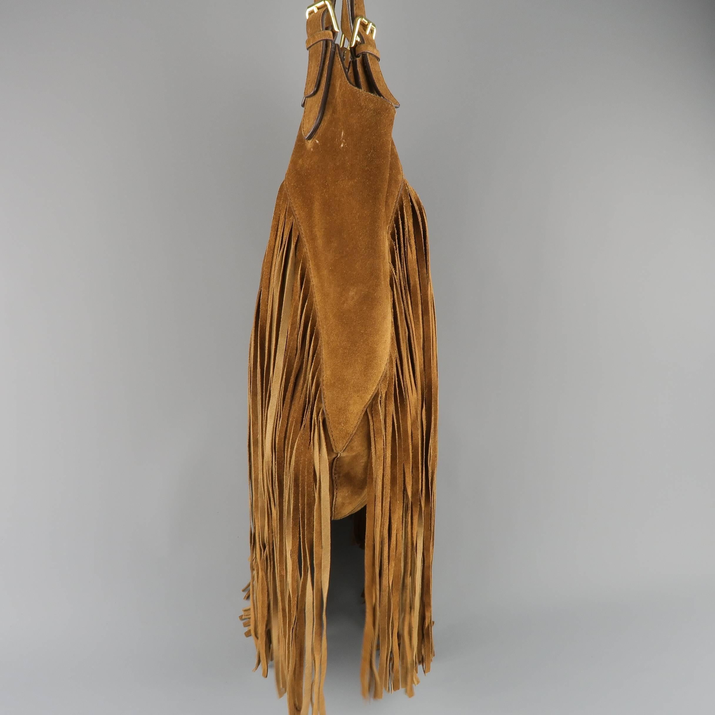 Women's RALPH LAUREN Tan Suede Long Fringe Trim Hobo Handbag