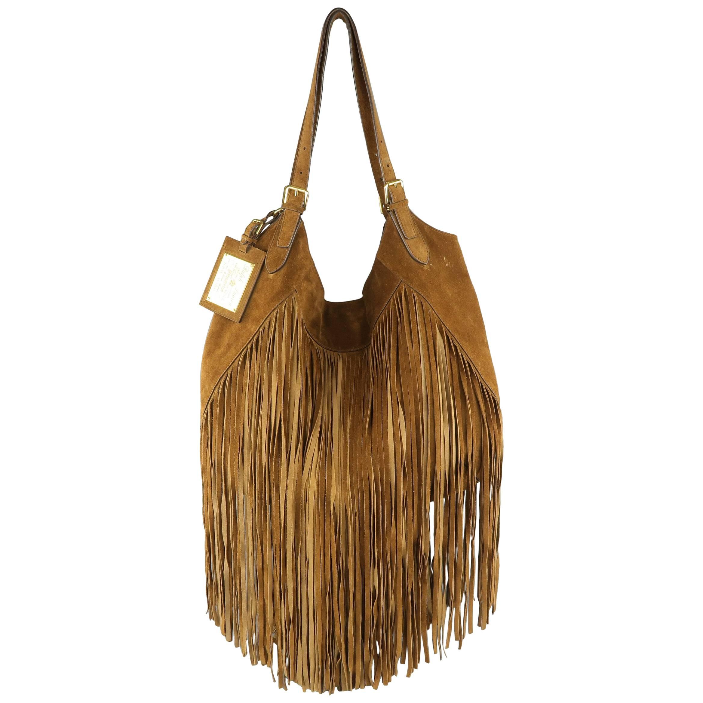 RALPH LAUREN Tan Suede Long Fringe Trim Hobo Handbag
