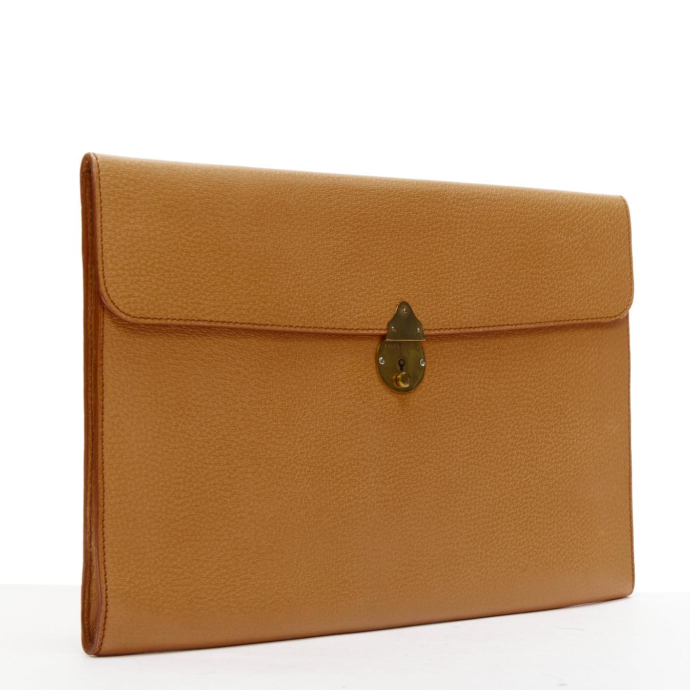 Brown RALPH LAUREN tan textured leather gold logo push lock flap flat clutch bag For Sale