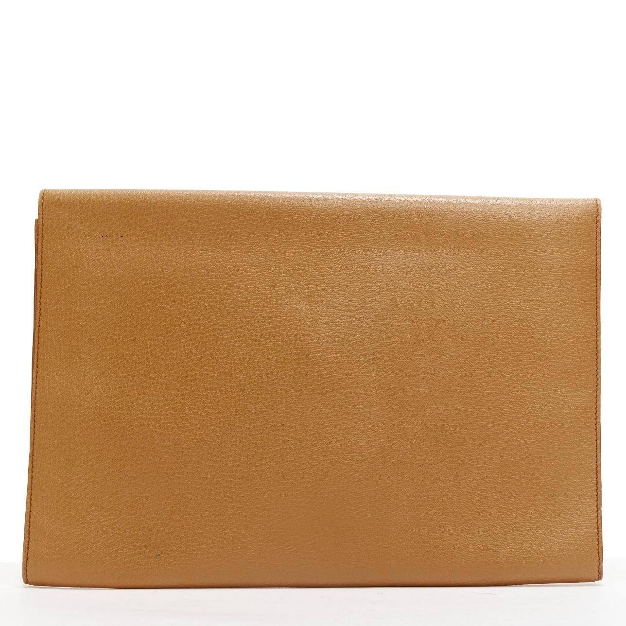 RALPH LAUREN tan textured leather gold logo push lock flap flat clutch bag In Fair Condition For Sale In Hong Kong, NT