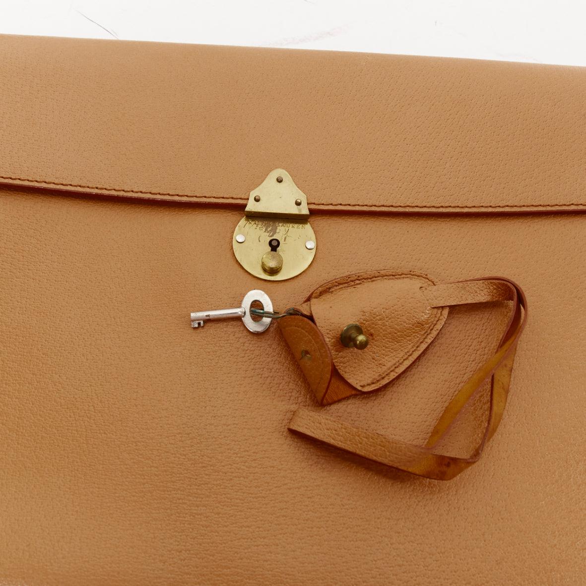 RALPH LAUREN tan textured leather gold logo push lock flap flat clutch bag For Sale 1