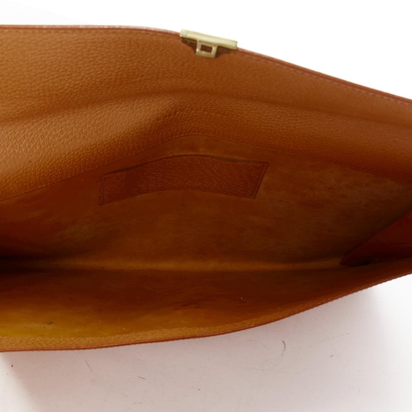 RALPH LAUREN tan textured leather gold logo push lock flap flat clutch bag For Sale 2