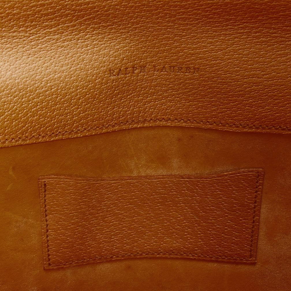 RALPH LAUREN tan textured leather gold logo push lock flap flat clutch bag For Sale 3