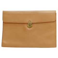 RALPH LAUREN tan textured leather gold logo push lock flap flat clutch bag