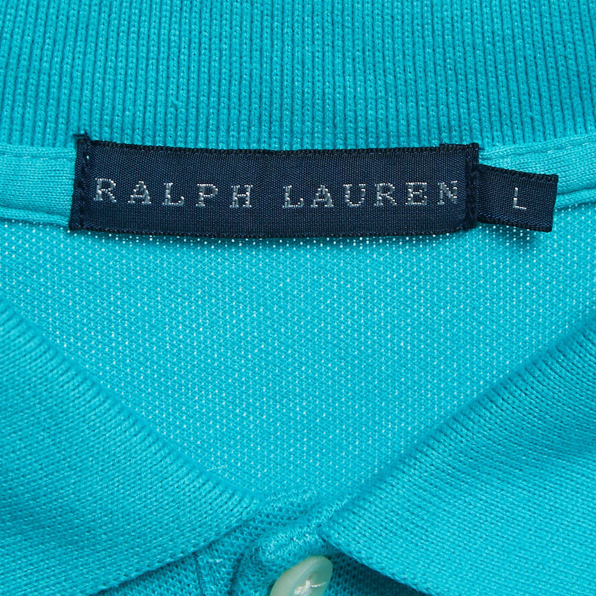 Polo Ralph Lauren bleu teal en coton avec logo pailleté L Bon état - En vente à Dubai, Al Qouz 2