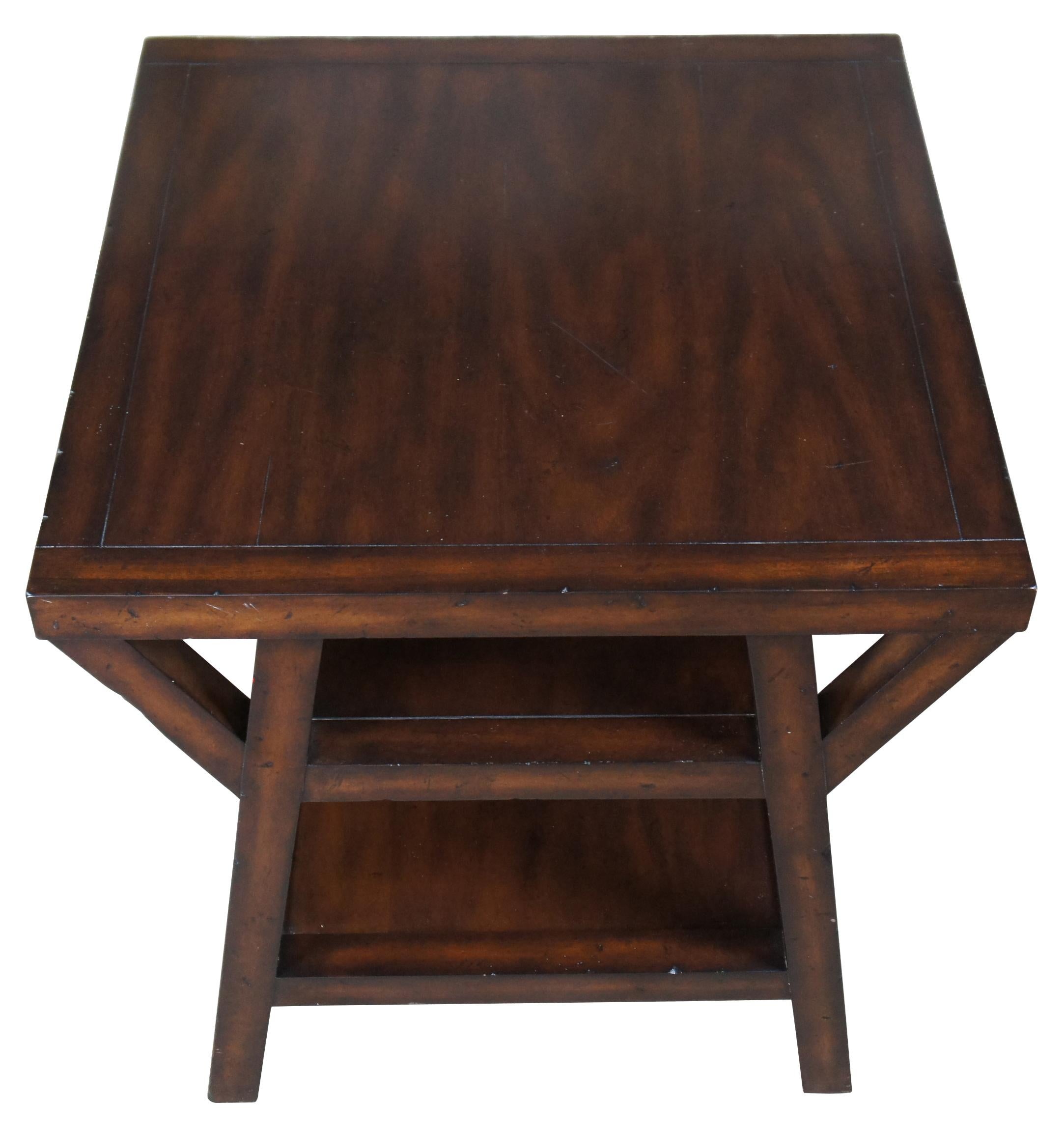 Modern Ralph Lauren Traditional Distressed Mahogany Square Tiered Side Accent Table