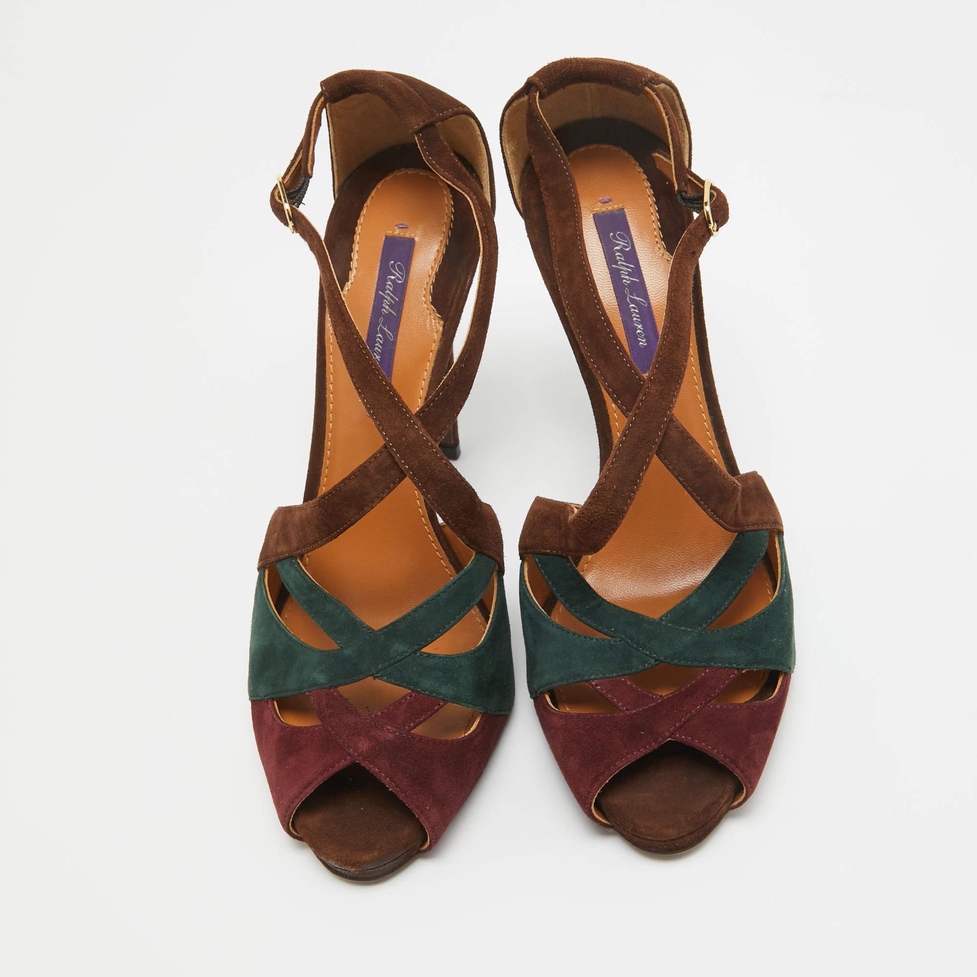Noir Ralph Lauren - Sandales en daim tricolores avec découpes à la cheville - Taille 38 en vente