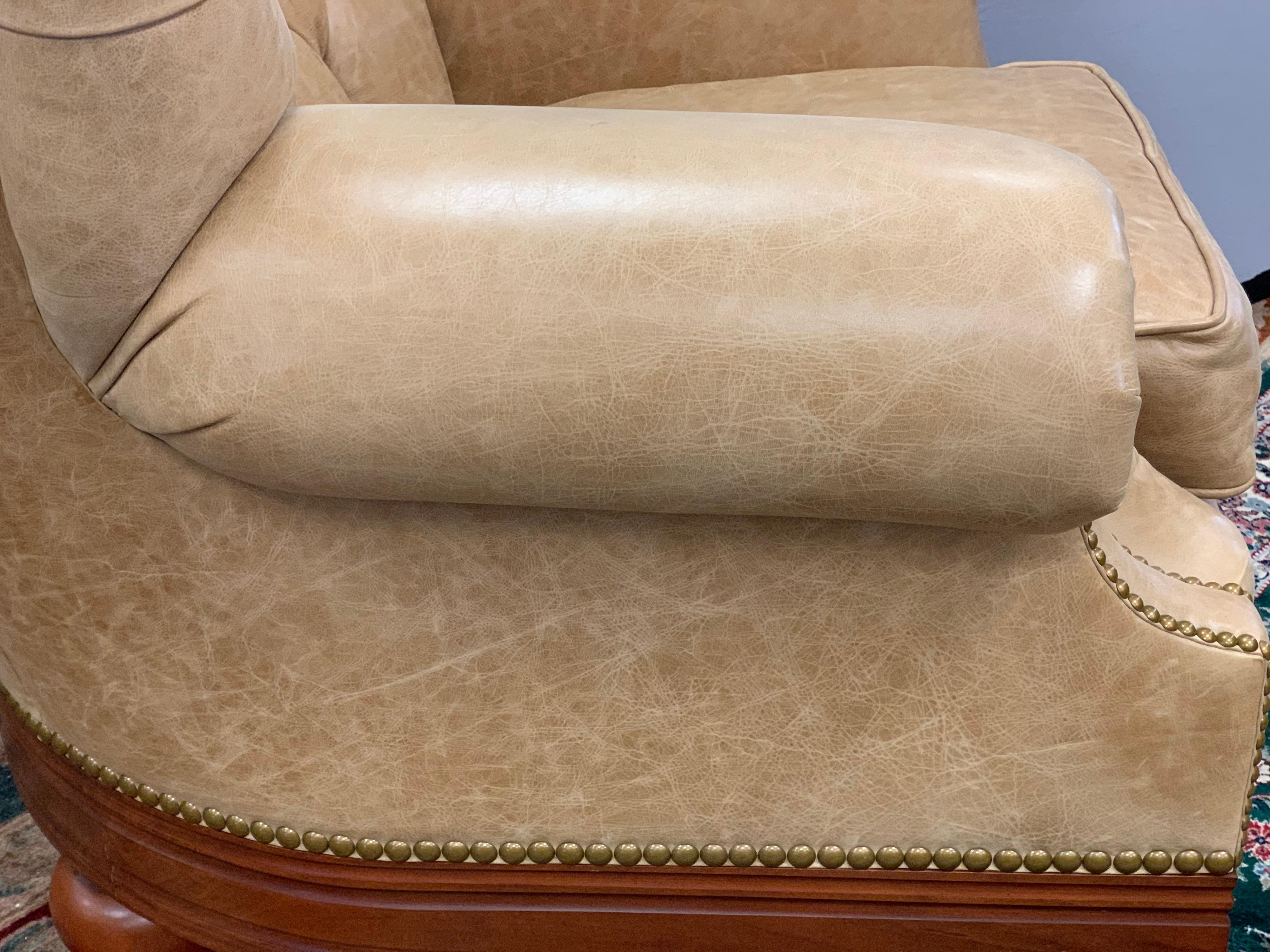 Ralph Lauren Tufted Beige Leather and Mahogany Writer's Club Chair and Ottoman 8