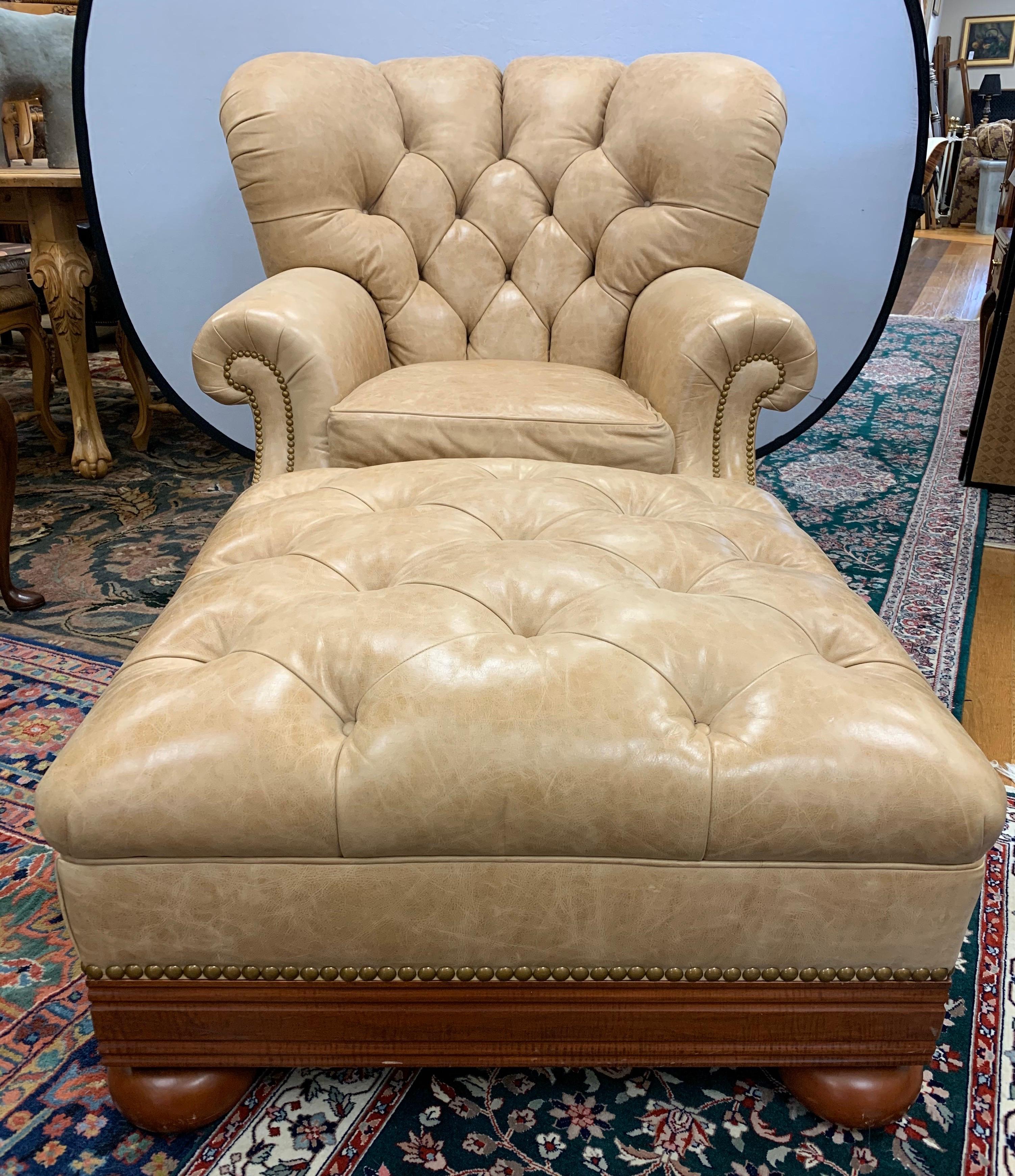 Ralph Lauren Tufted Beige Leather and Mahogany Writer's Club Chair and Ottoman 12