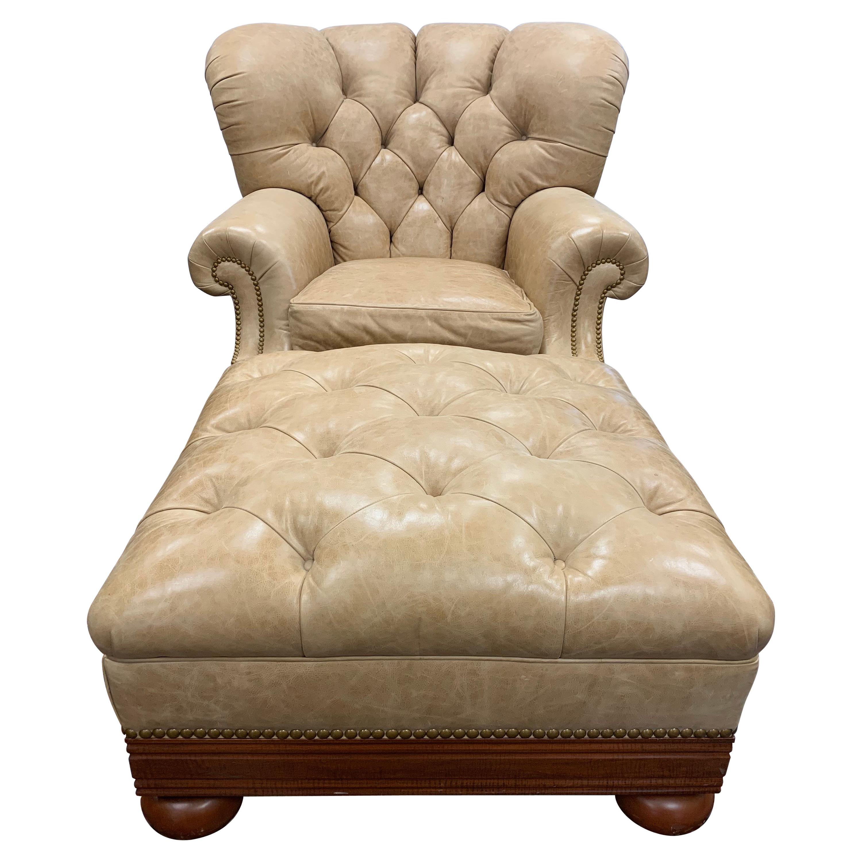 Ralph Lauren Tufted Beige Leather and Mahogany Writer's Club Chair and Ottoman
