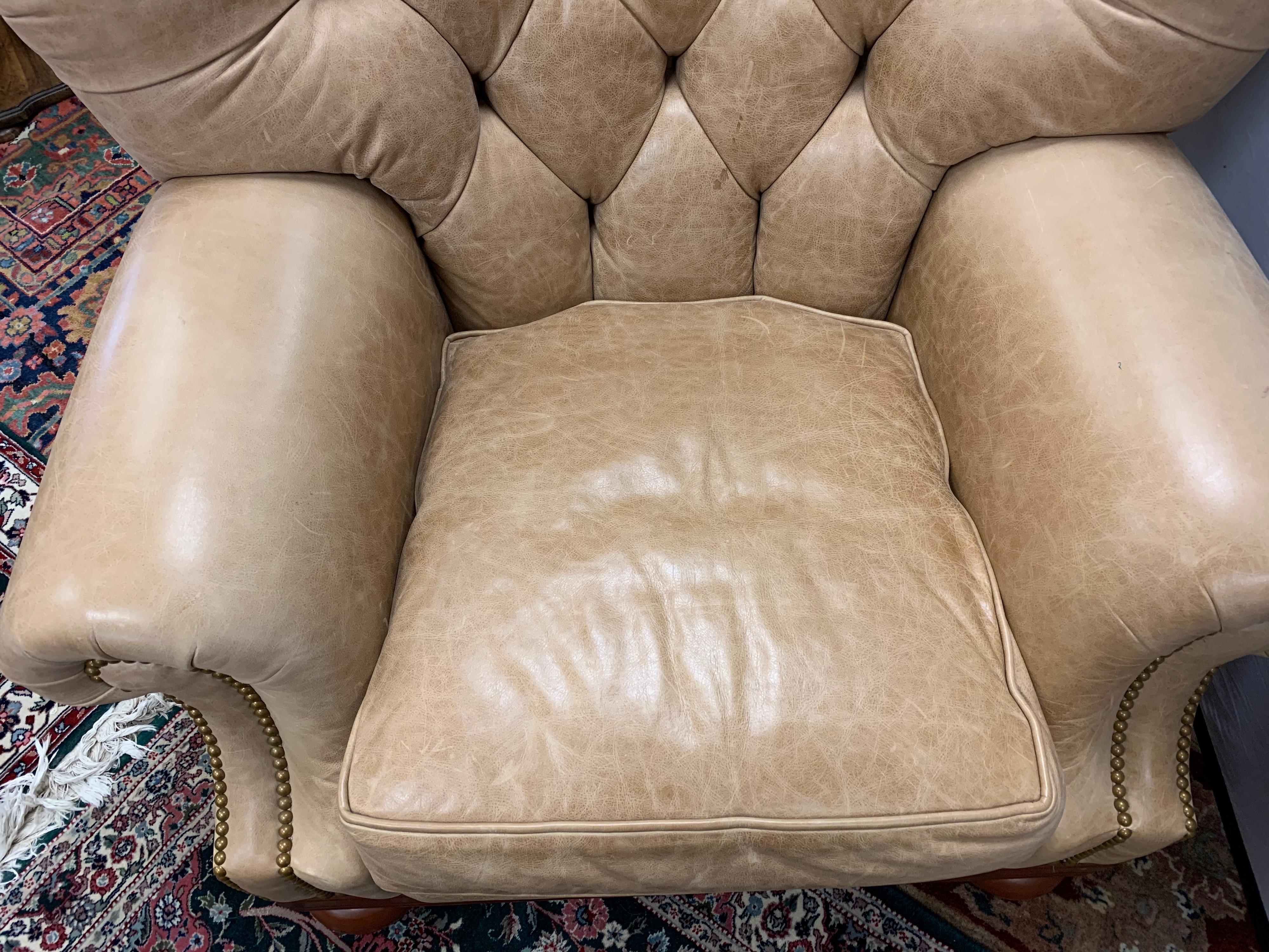 Ralph Lauren Tufted Beige Leather and Mahogany Writer's Club Chair and Ottoman 10