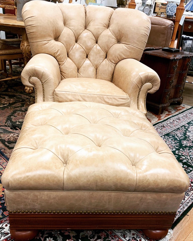 Ralph Lauren Tufted Beige Leather and Mahogany Writer's Club Chair and Ottoman For Sale at 1stDibs
