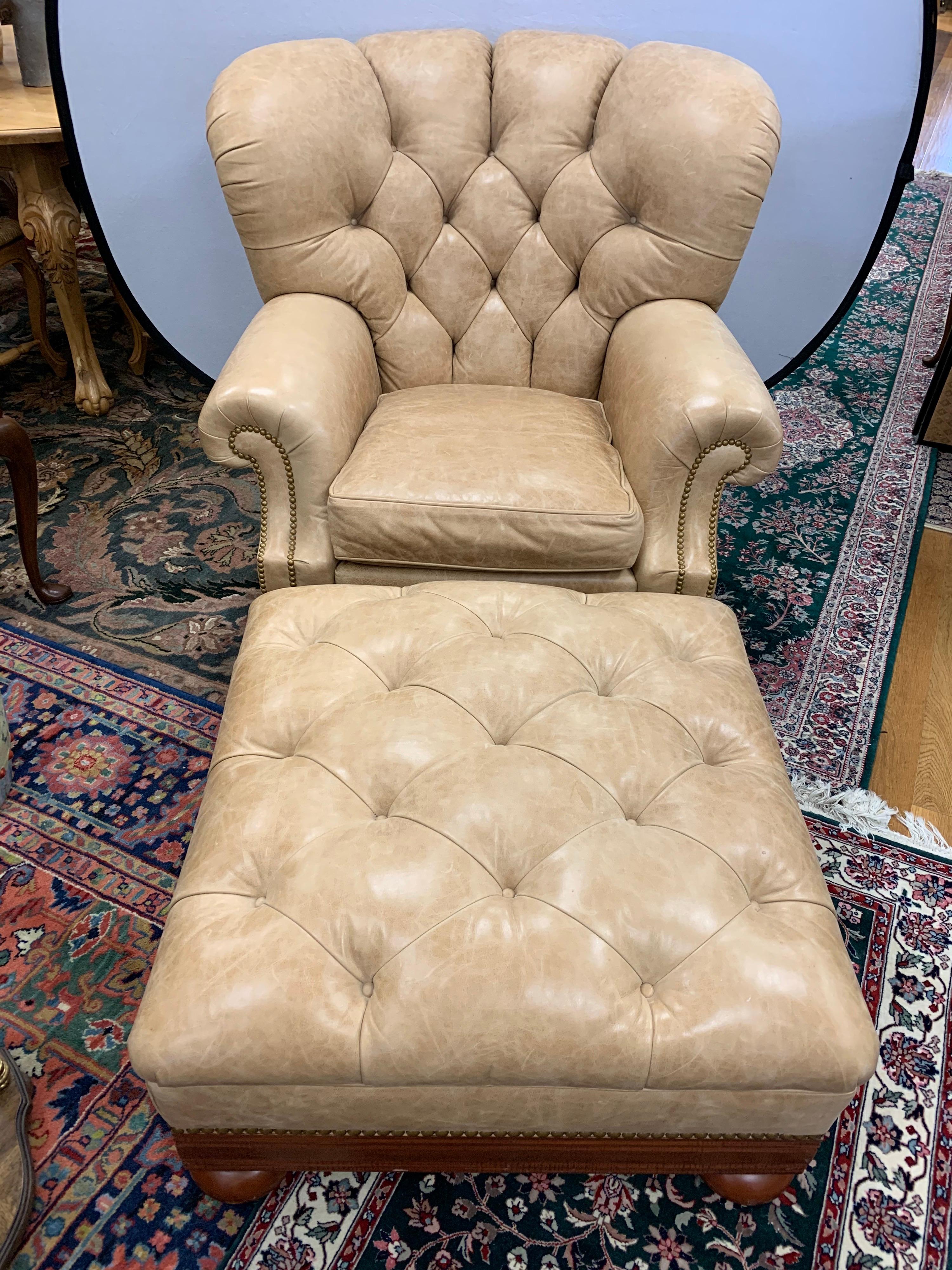 American Ralph Lauren Tufted Beige Leather and Mahogany Writer's Club Chair and Ottoman
