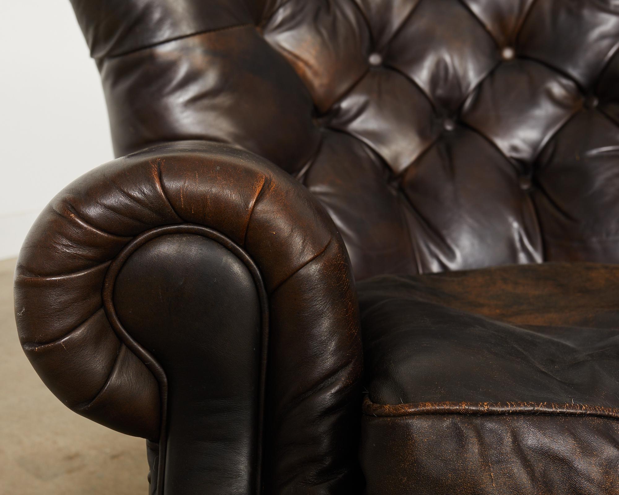 20th Century Ralph Lauren Tufted Cigar Leather Wingback Writer's Chair  For Sale