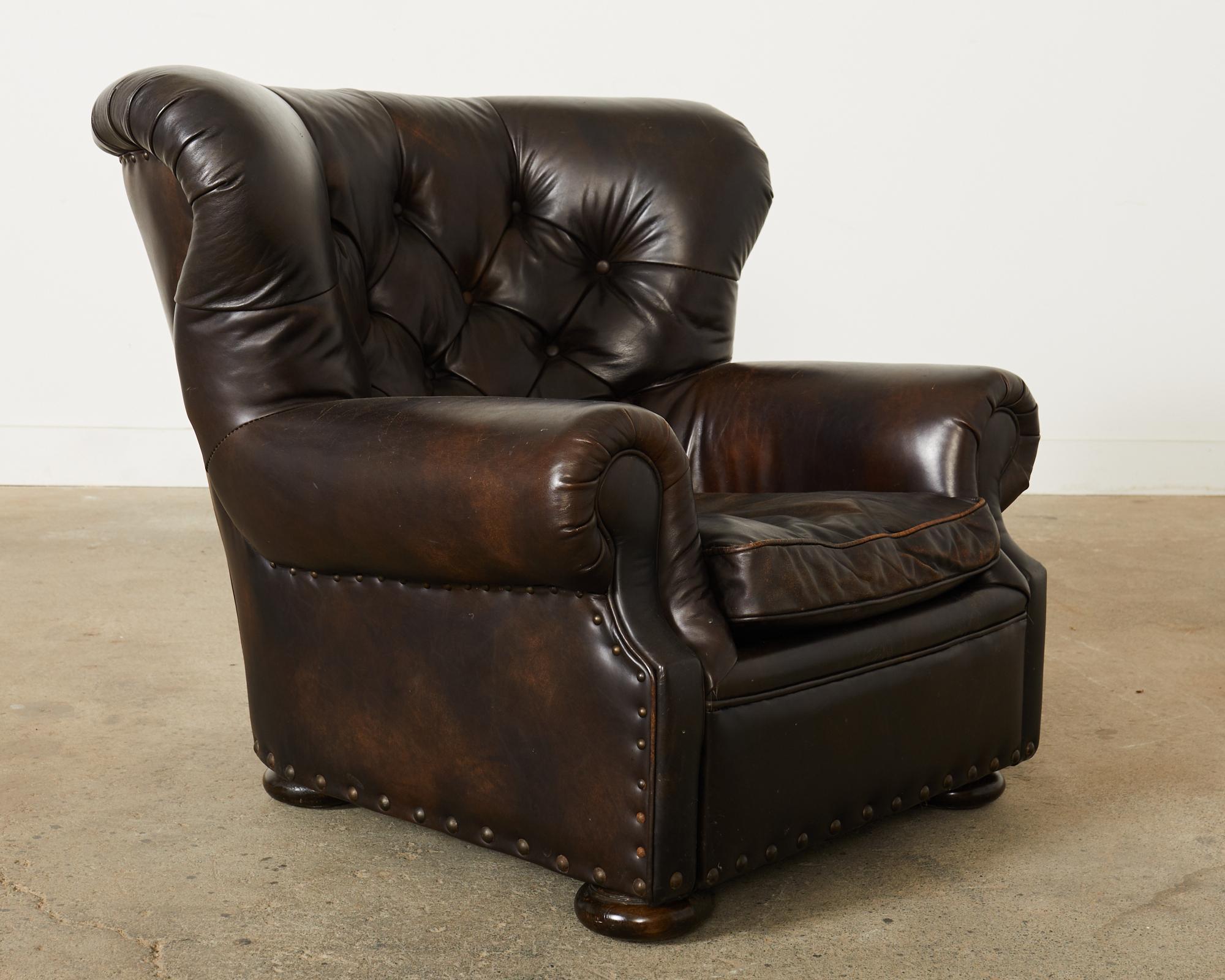 Chesterfield Ralph Lauren Tufted Cigar Leather Wingback Writer's Chair  For Sale