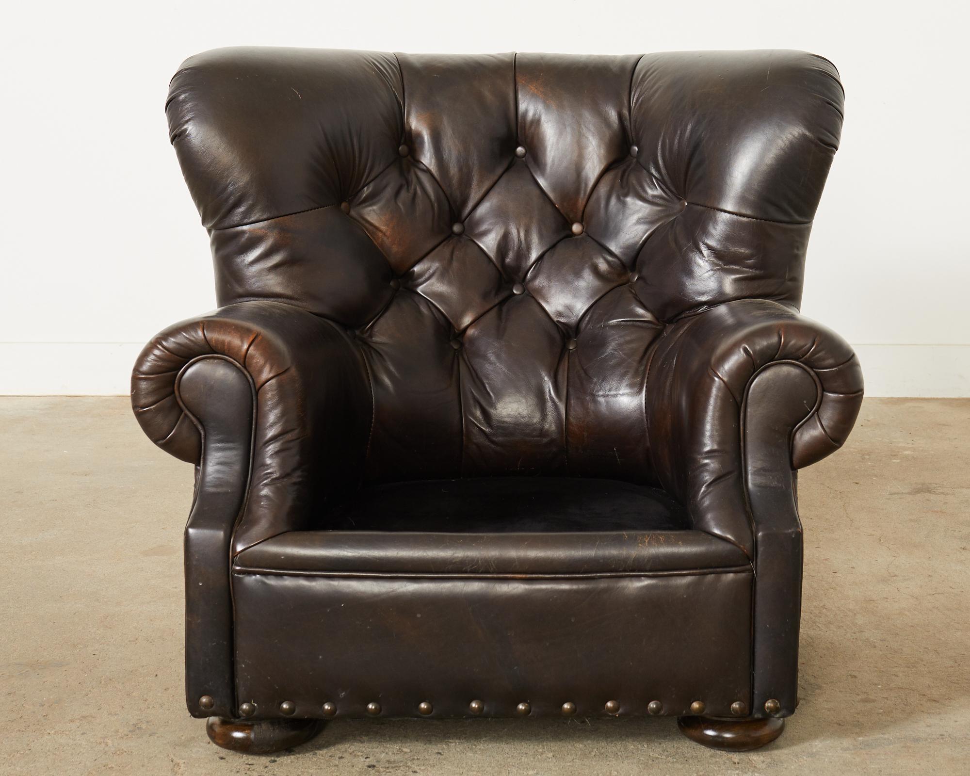 American Ralph Lauren Tufted Cigar Leather Wingback Writer's Chair  For Sale