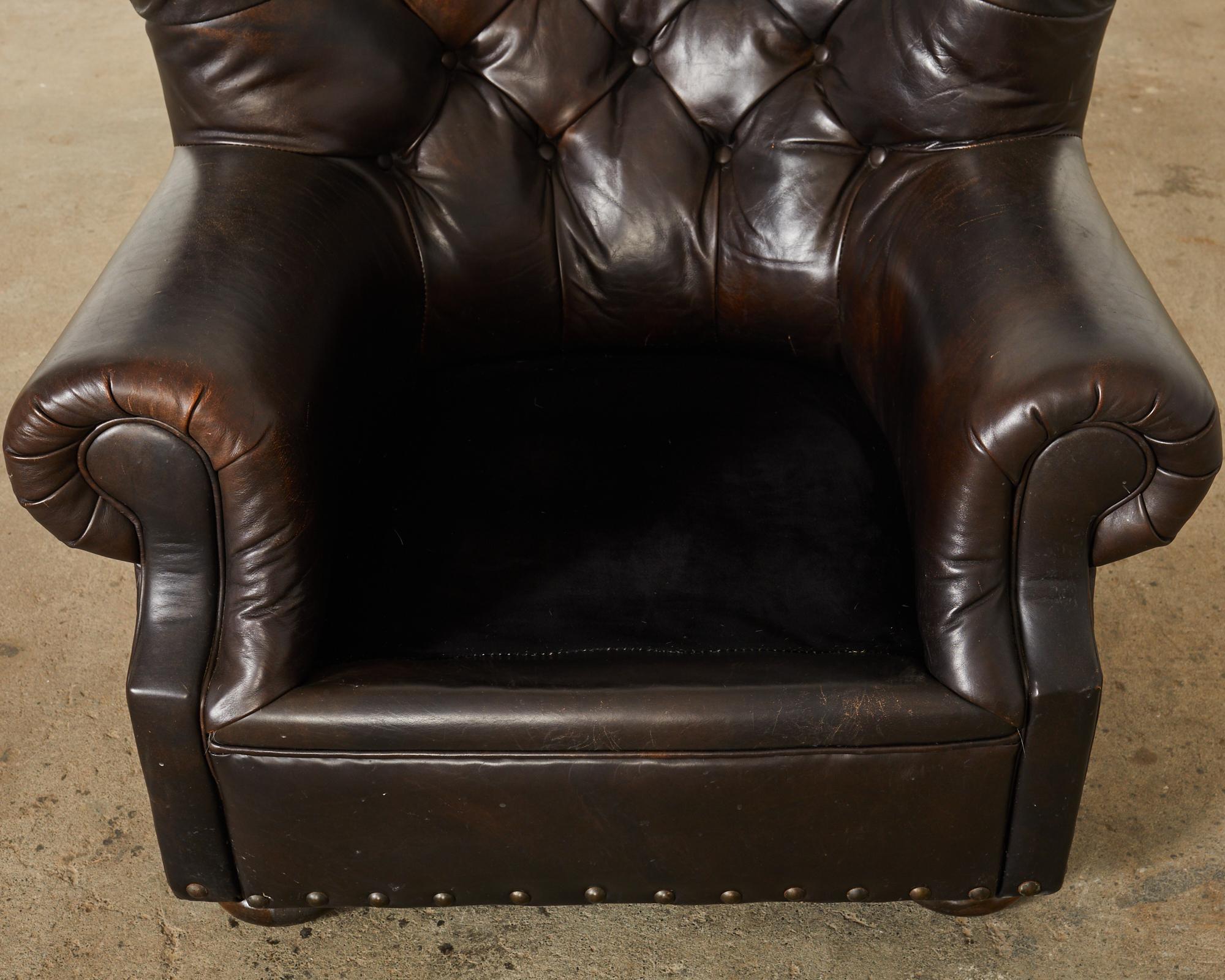 Ralph Lauren Tufted Cigar Leather Wingback Writer's Chair  In Distressed Condition For Sale In Rio Vista, CA