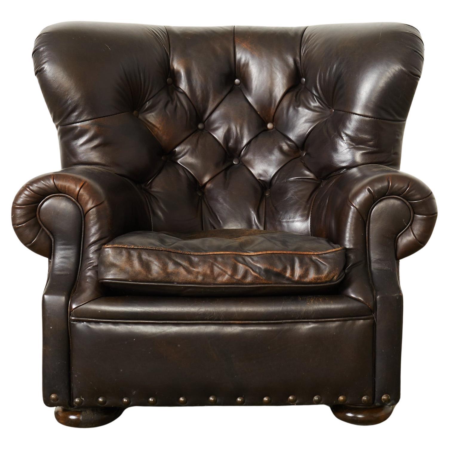 Ralph Lauren Tufted Cigar Leather Wingback Writer's Chair  For Sale