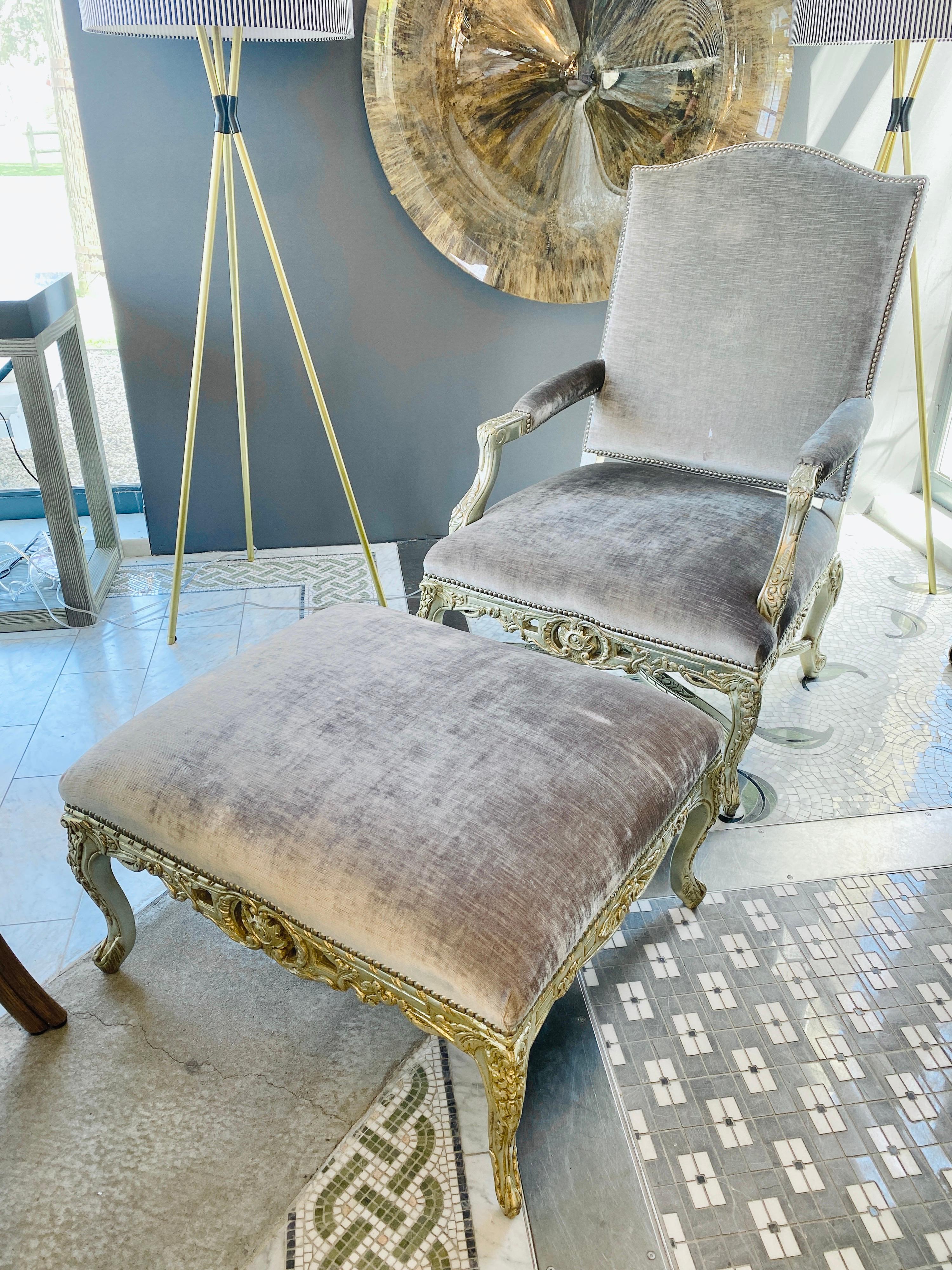 Ralph Lauren grey velvet and silver leaf chair and ottoman with nailhead trim.

Ottoman dimensions are 28