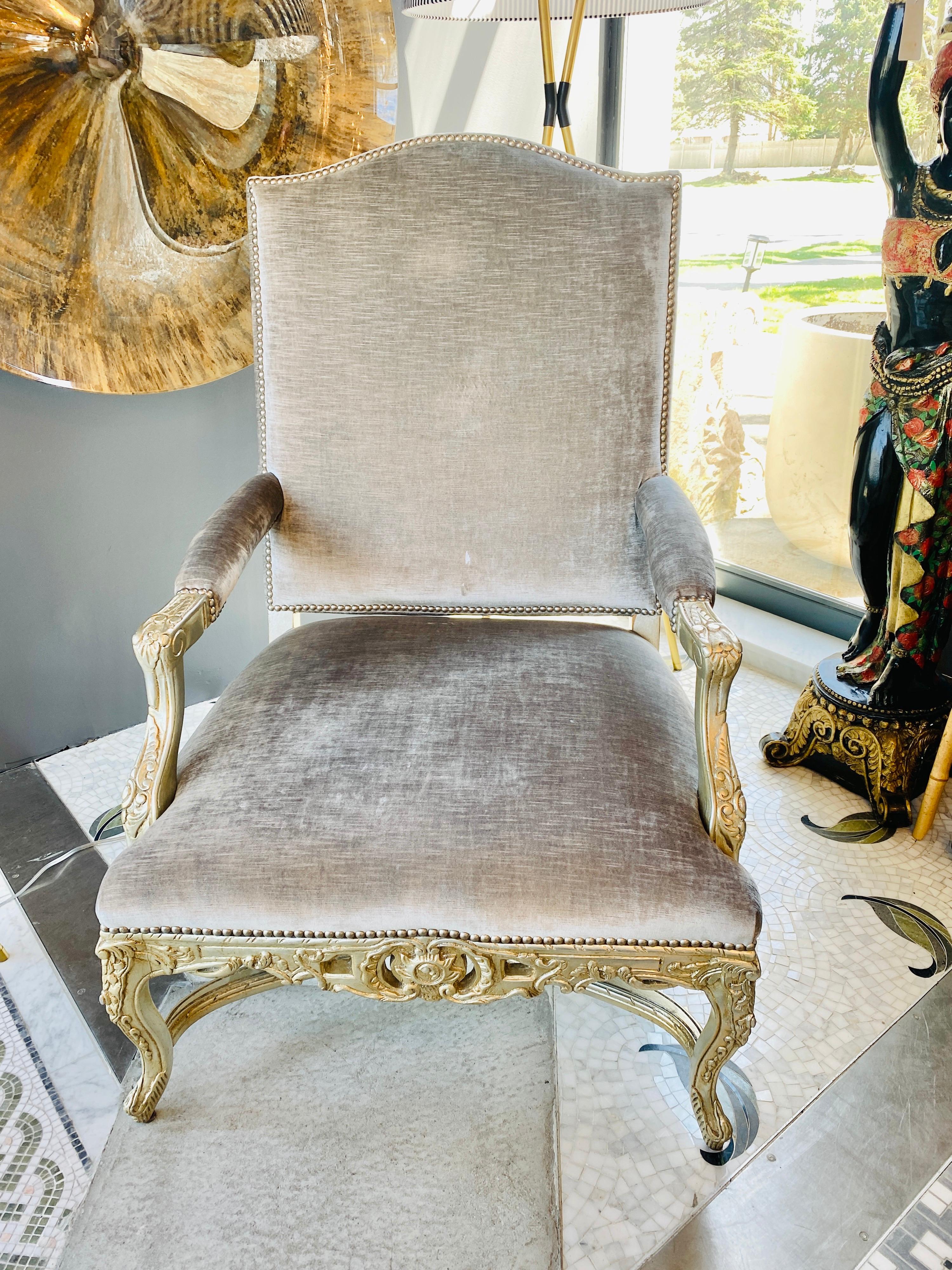 20th Century Ralph Lauren Velvet and Silver Leaf Chair with Ottoman