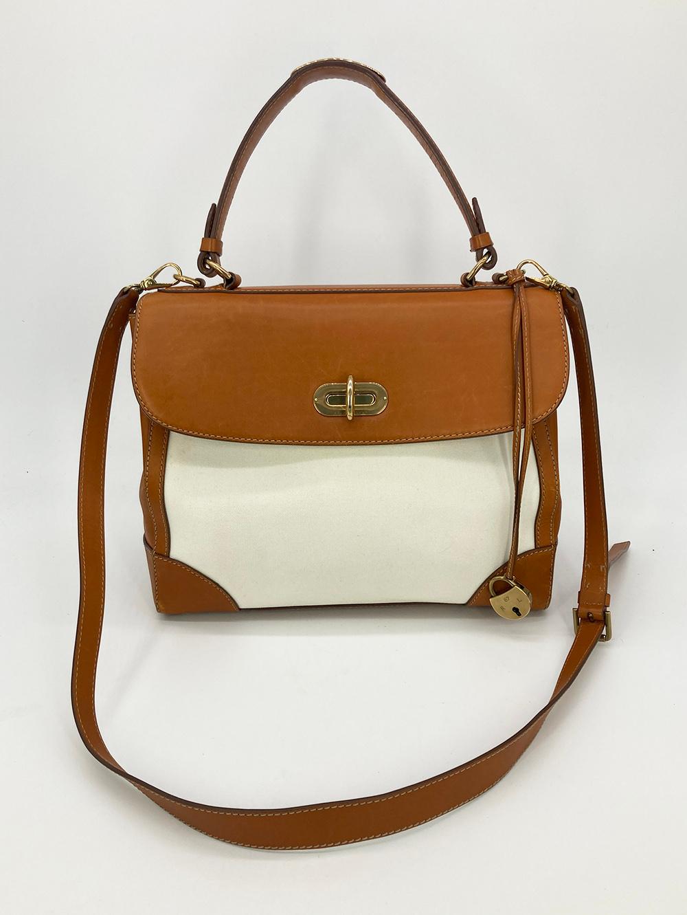 Ralph Lauren Vintage Cream Canvas Tan Leather Rickey Bag For Sale 10