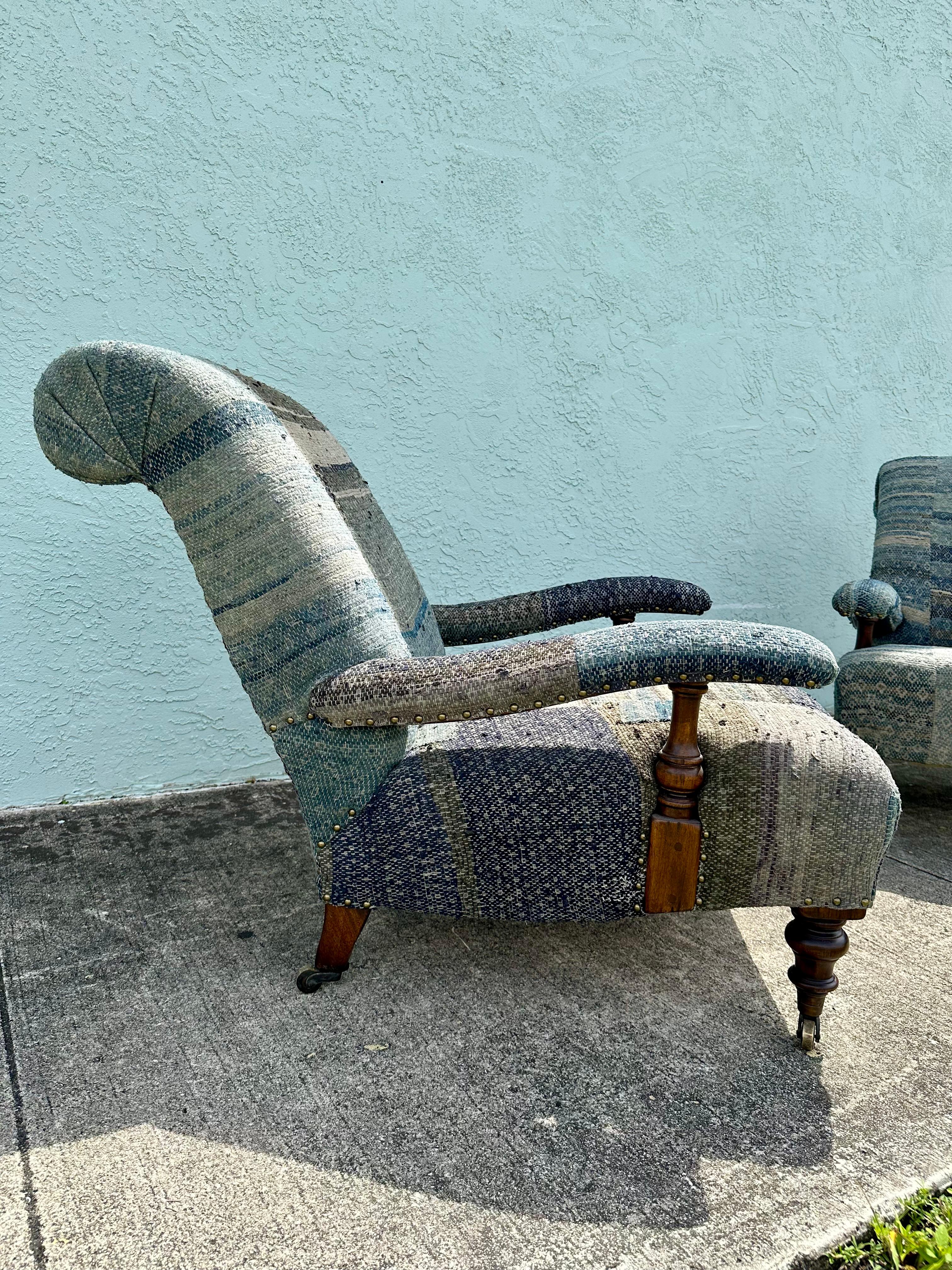 Ralph Lauren Castors Vintage Style Patchwork Indigo Blue Chairs, Set of 2 5