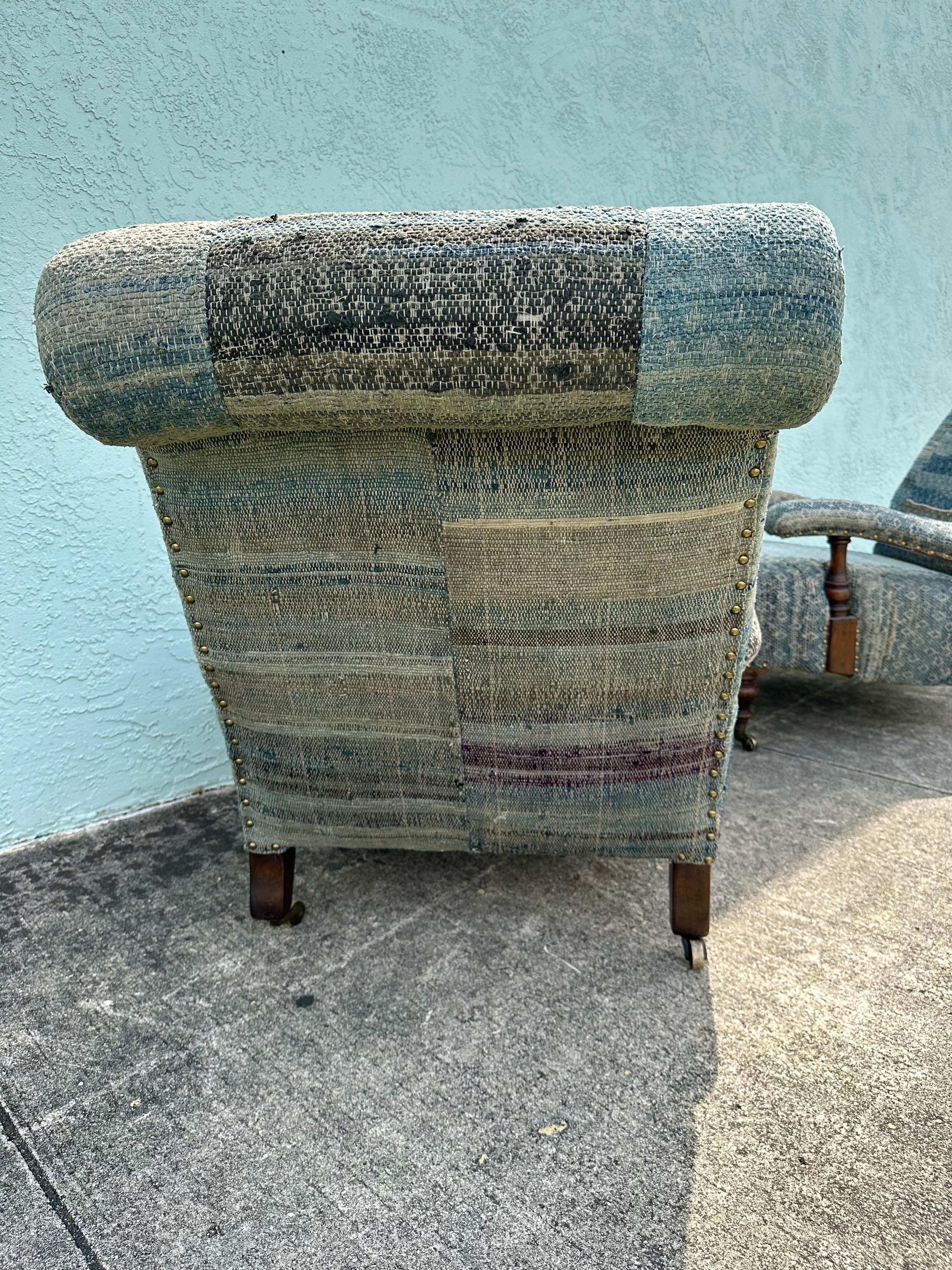 Ralph Lauren Castors Vintage Style Patchwork Indigo Blue Chairs, Set of 2 7