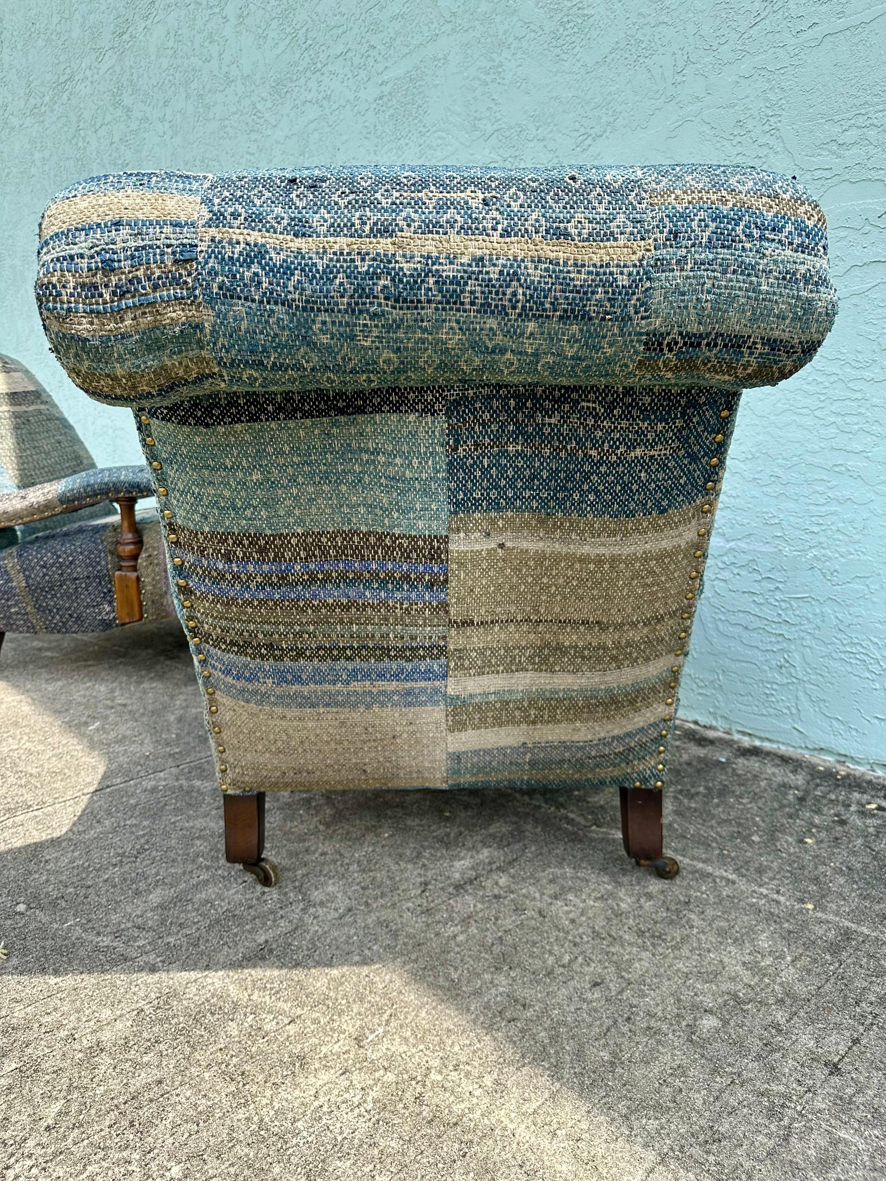 Ralph Lauren Castors Vintage Style Patchwork Indigo Blue Chairs, Set of 2 8