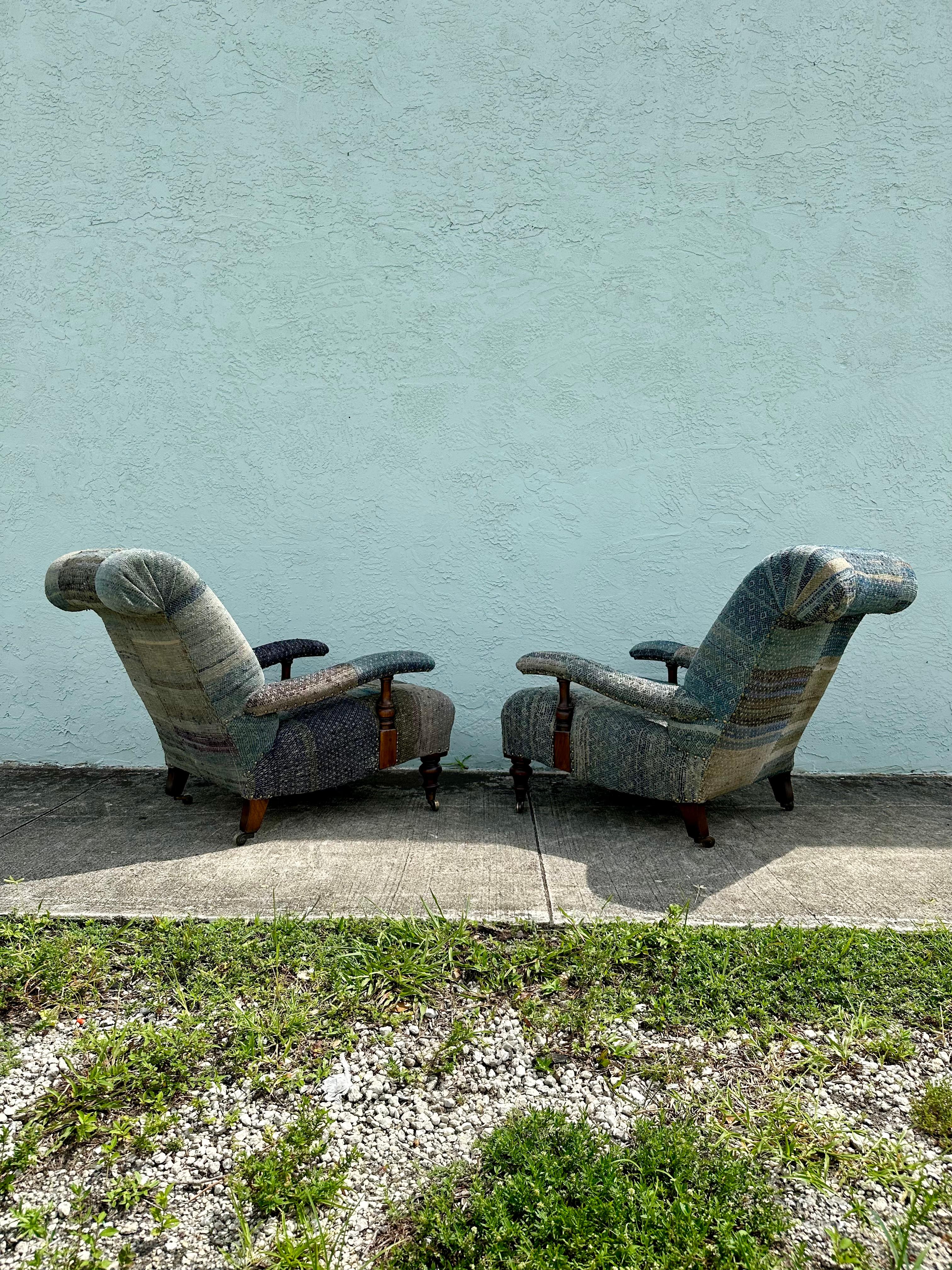 Rustic Ralph Lauren Castors Vintage Style Patchwork Indigo Blue Chairs, Set of 2