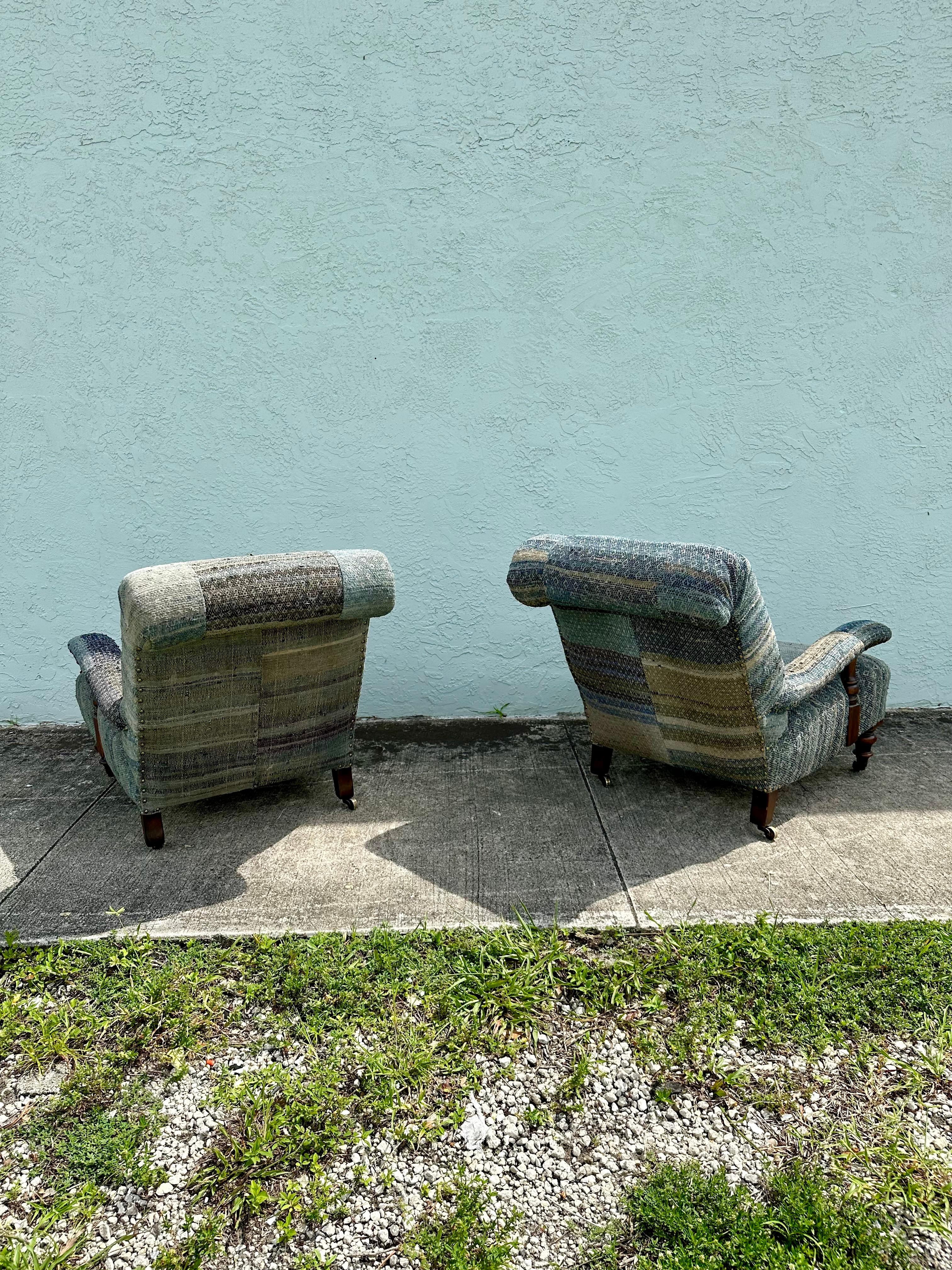 Ralph Lauren Castors Vintage Style Patchwork Indigo Blue Chairs, Set of 2 In Good Condition In Fort Lauderdale, FL